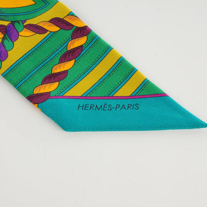 Hermes Silk Grande Tenue Twilly Rose Vif Vert Jaune D' Or 5 of 5