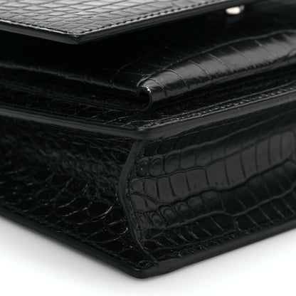 Saint Laurent Calfskin Crocodile Embossed Monogram Sunset Chain Wallet Black 7 of 8