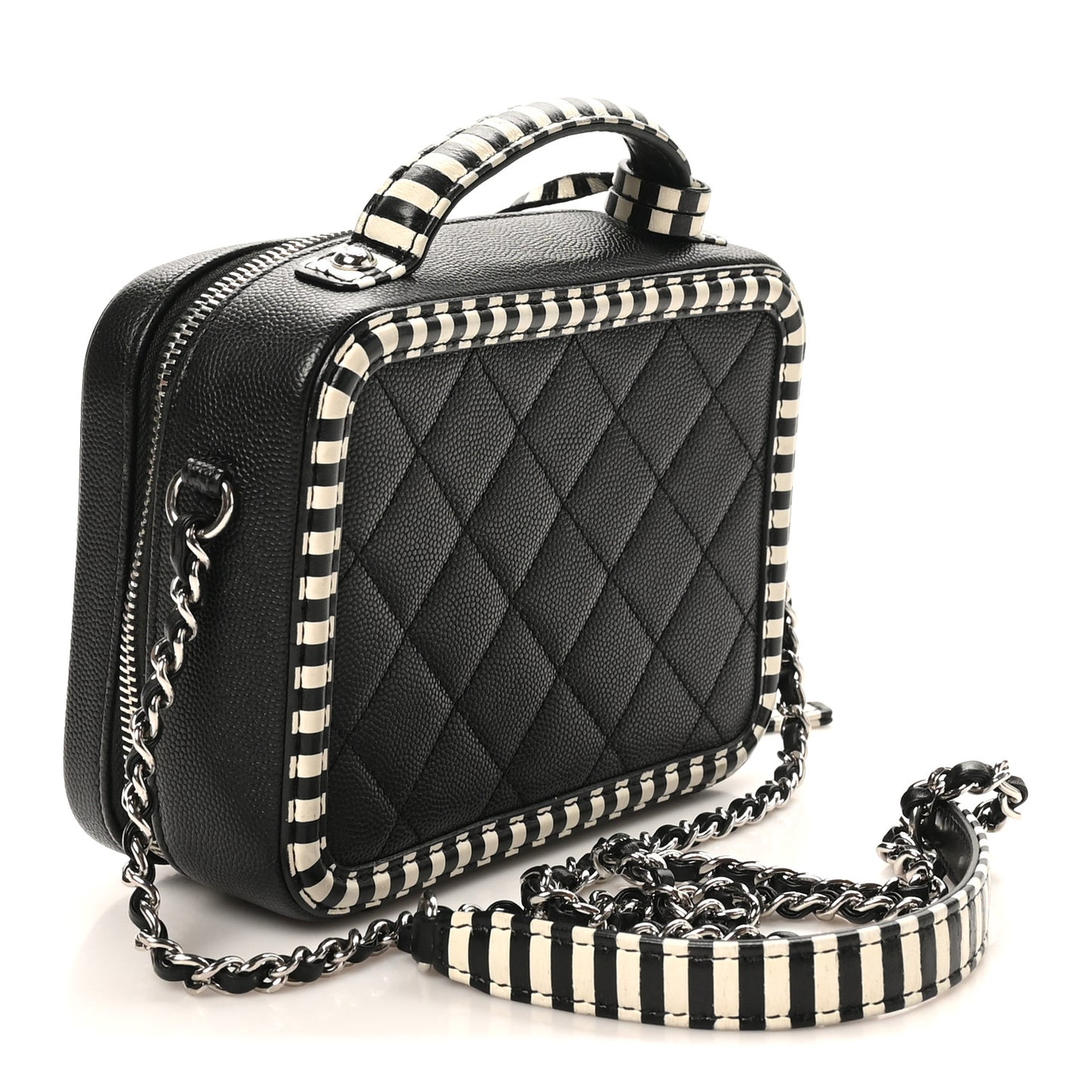 Caviar Quilted Striped Small CC Filigree Vanity Case Black White