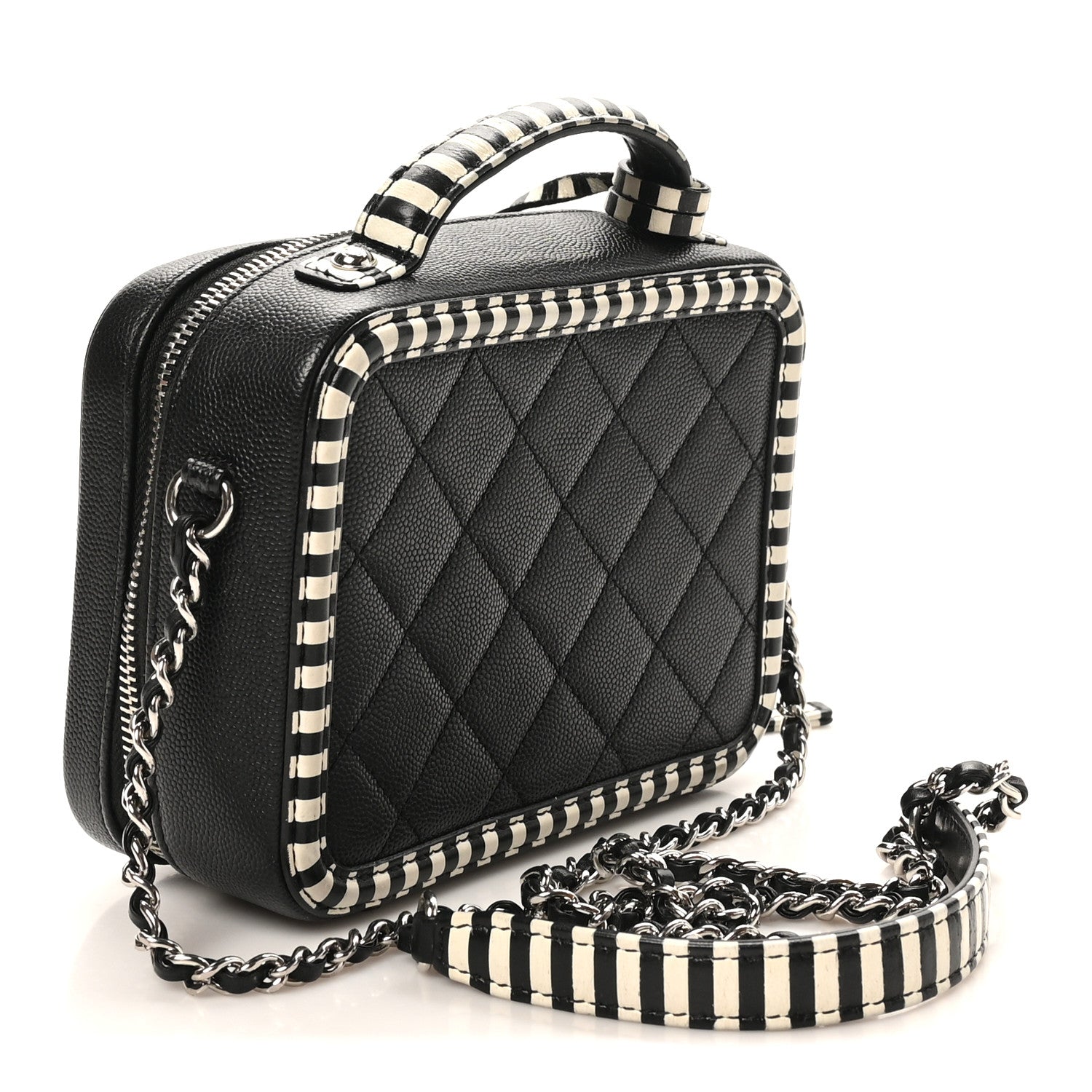 Chanel Caviar Quilted Striped Small CC Filigree Vanity Case Black White 3 of 10