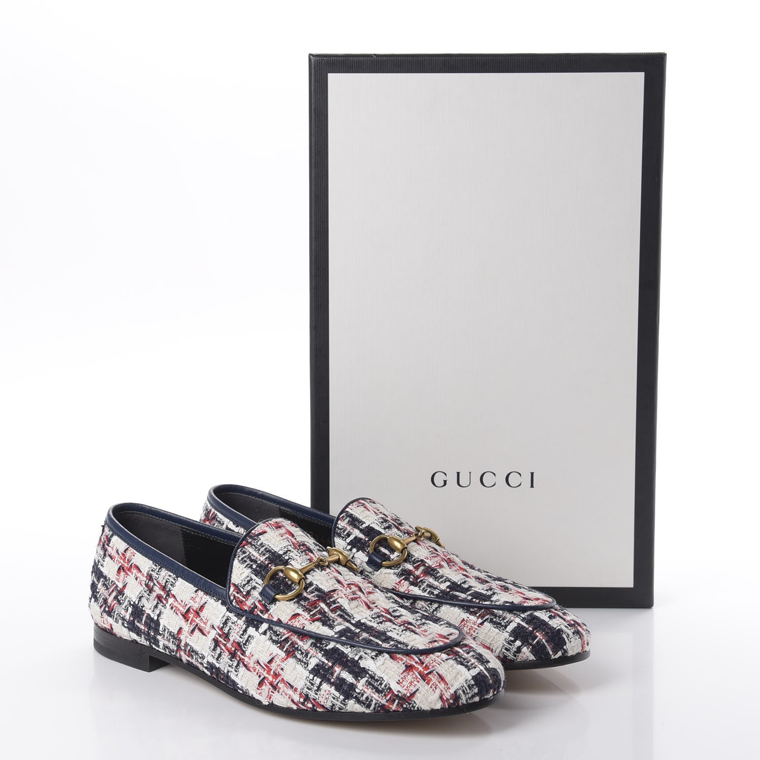 Gucci Tweed Check Horsebit Womens Jordaan Loafers 37 Gardenia Ink Blue Agata 10 of 10