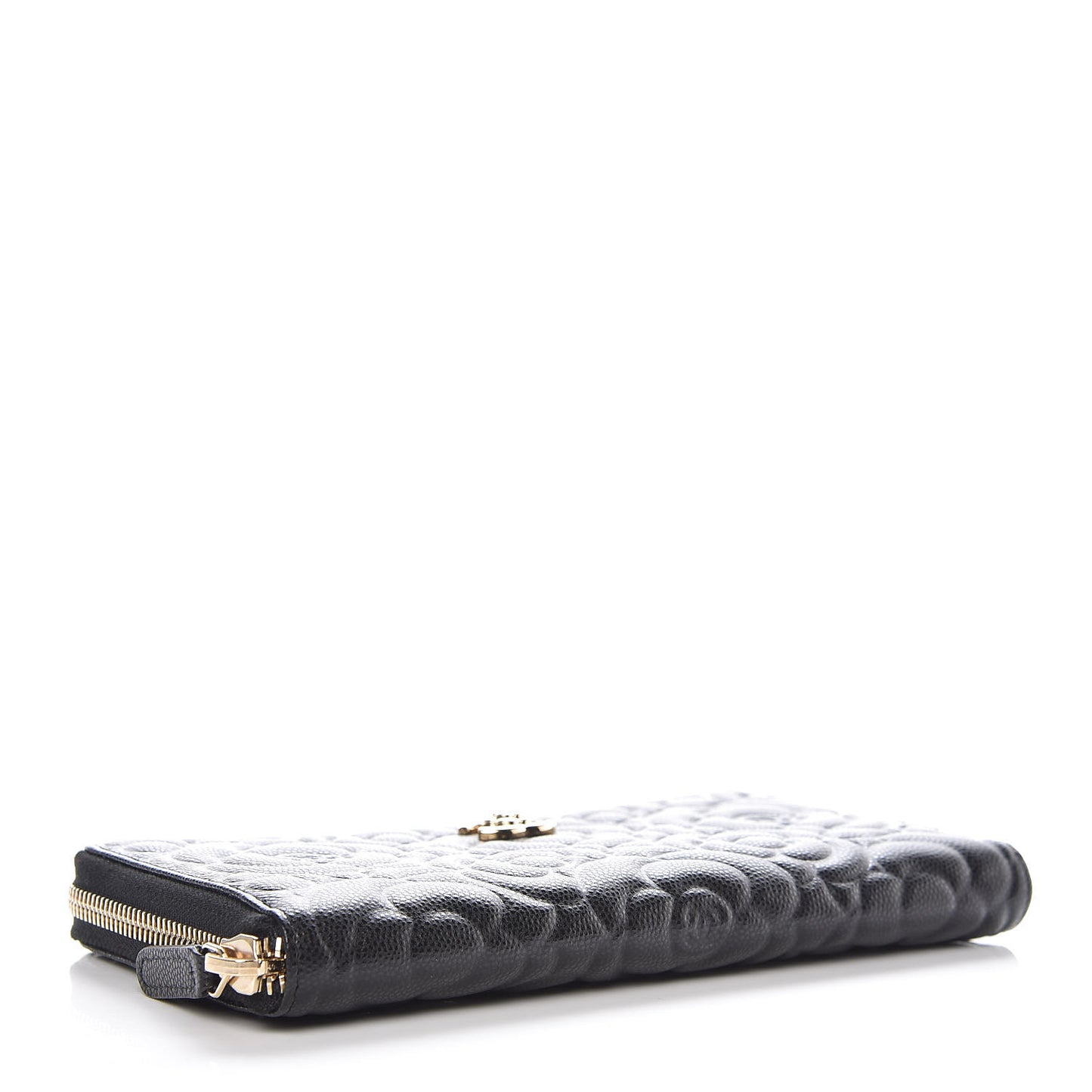 Caviar Camellia Embossed Large Zip Around Gusset Wallet Black