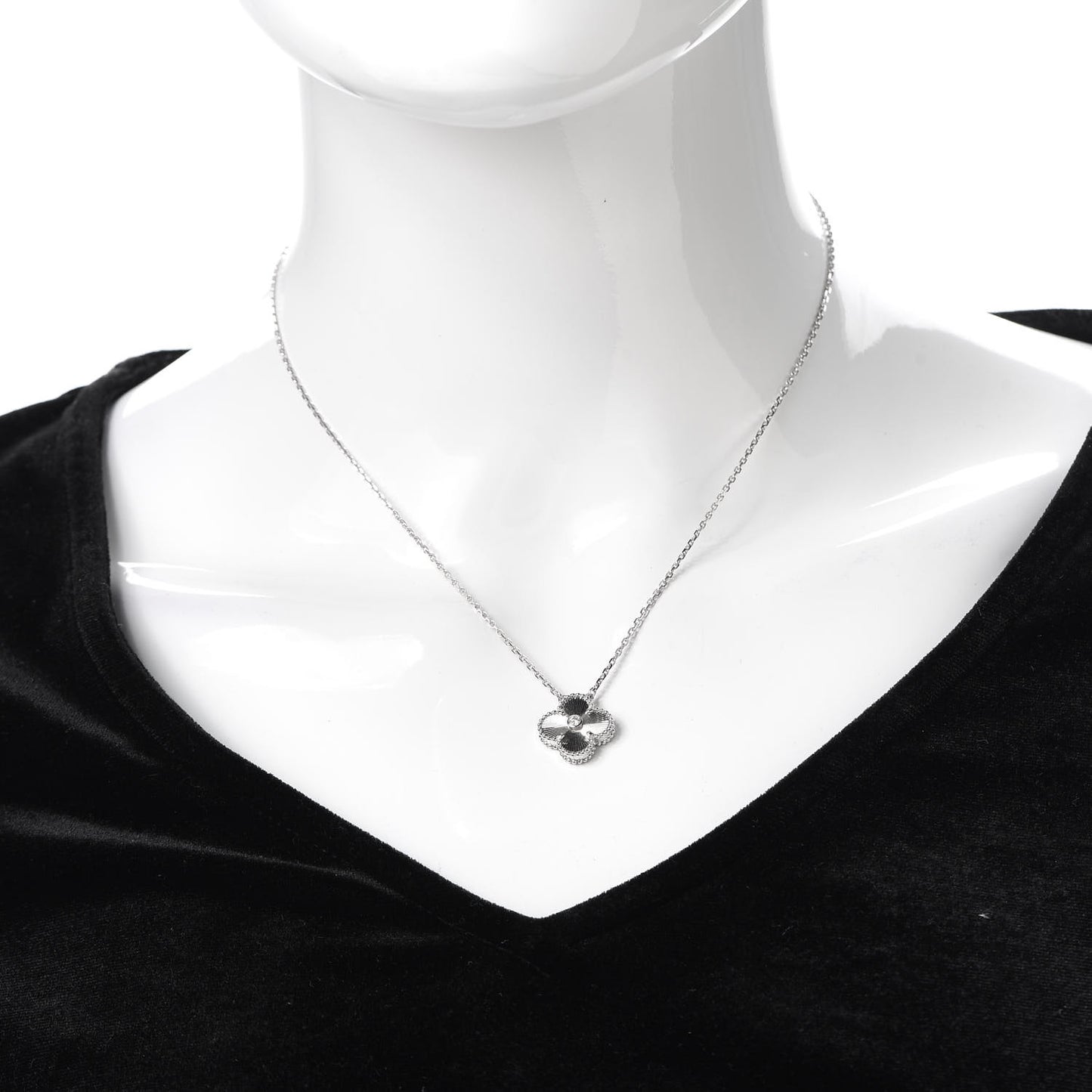 18K White Gold Diamond Guilloche Vintage Alhambra Pendant Necklace