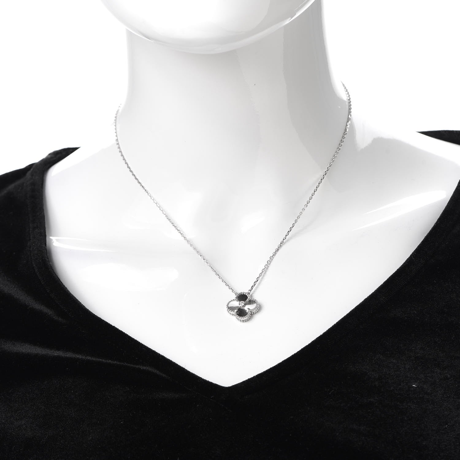 Van Cleef & Arpels 18K White Gold Diamond Guilloche Vintage Alhambra Pendant Necklace 2 of 8
