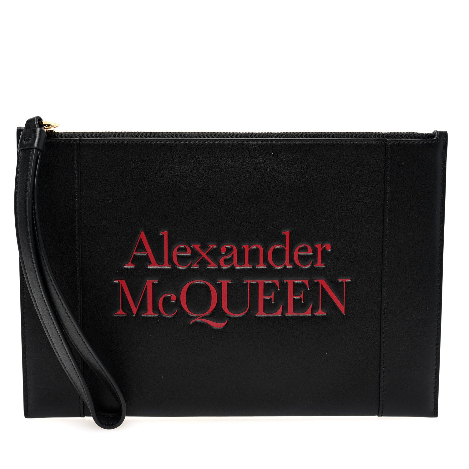 Alexander McQueen Calfskin Logo Zip Wristlet Pouch Black Deep Red 1 of 6