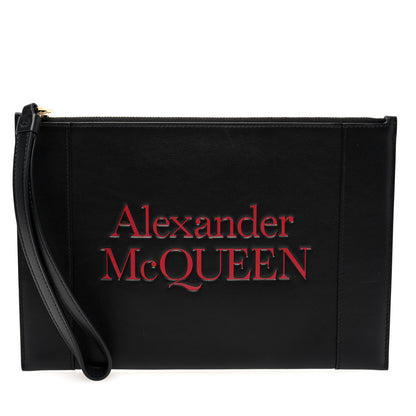 Alexander McQueen Calfskin Logo Zip Wristlet Pouch Black Deep Red 1 of 6