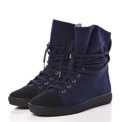 Chanel Jersey Lace Up High Top Sneakers 38.5 Black Navy 3 of 8