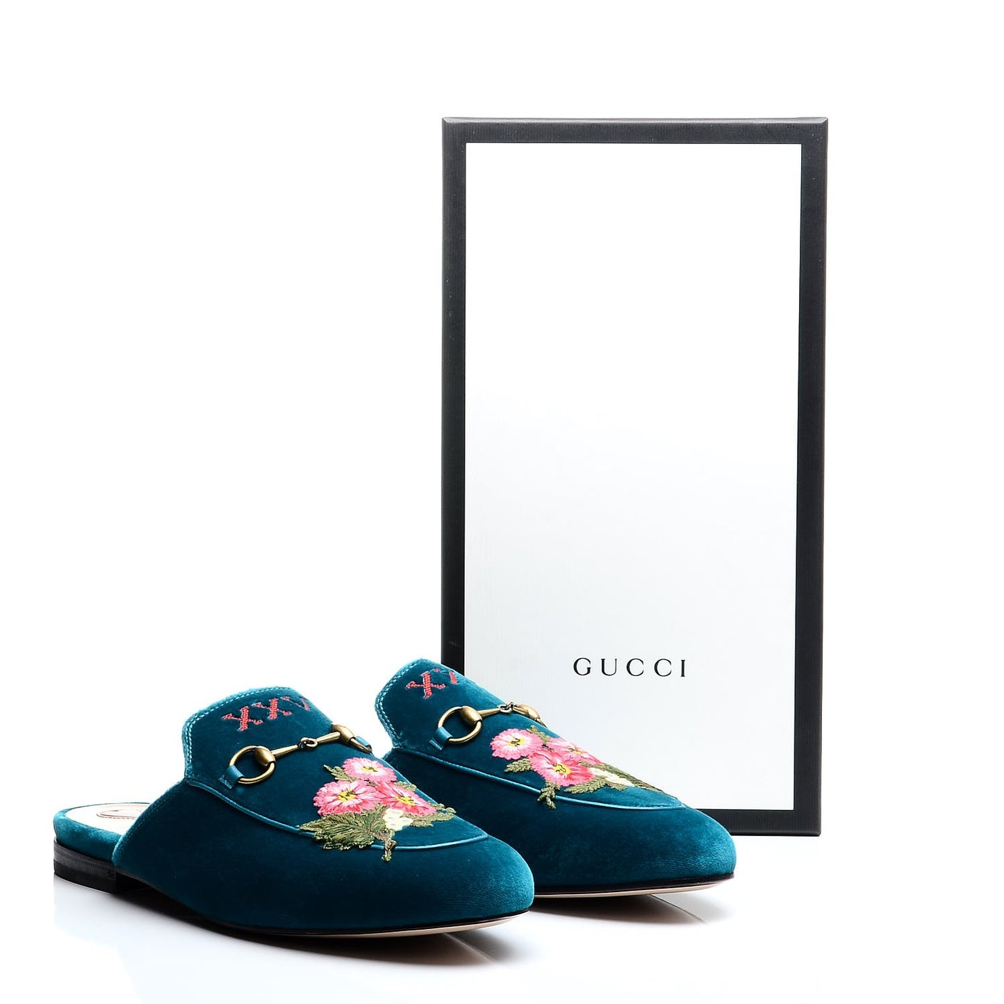 Velvet Floral Embroidered Womens Princetown Slippers 40 Pavone