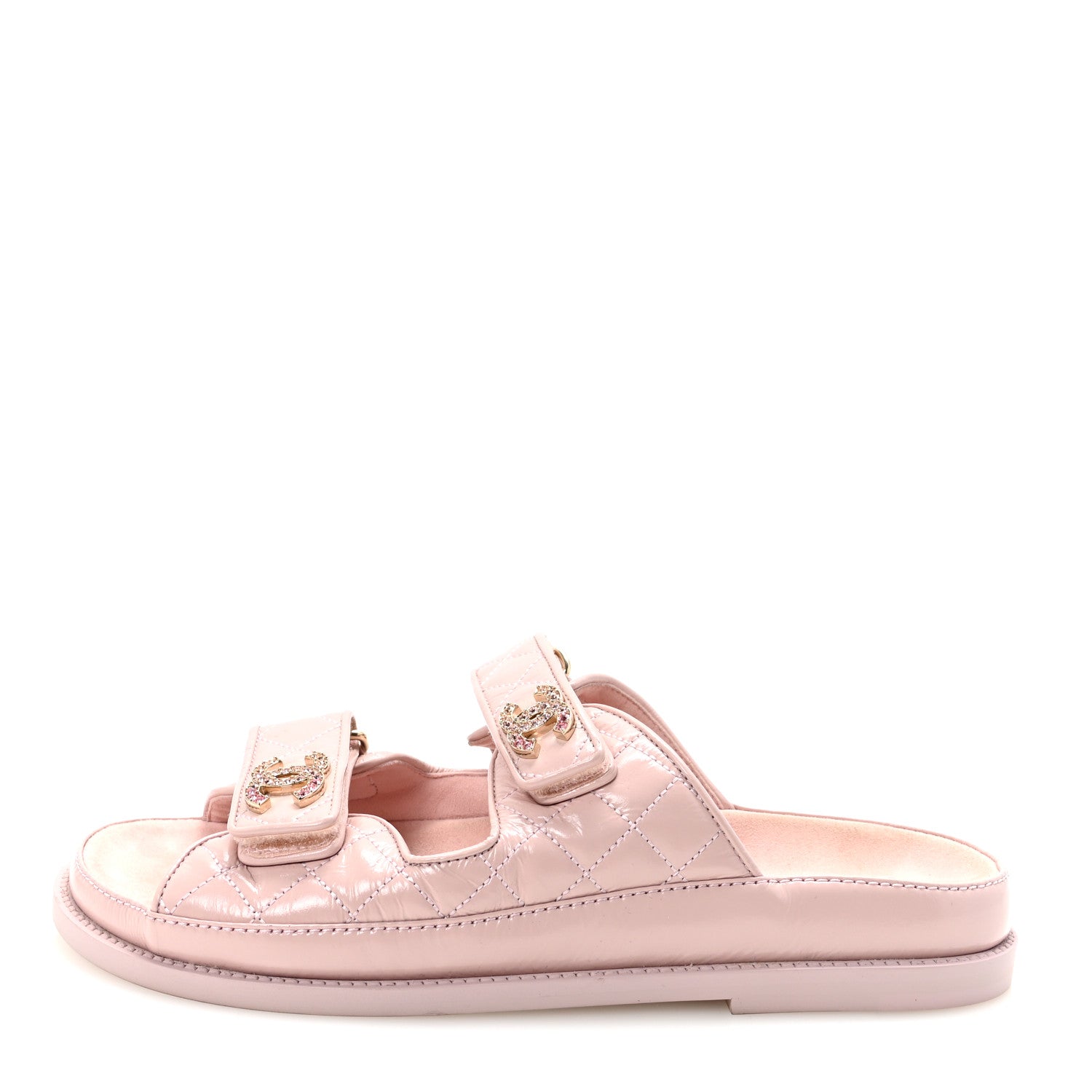 Chanel Shiny Calfskin Crystal Quilted Velcro Dad CC Slide Sandals 39 Light Pink 1 of 9