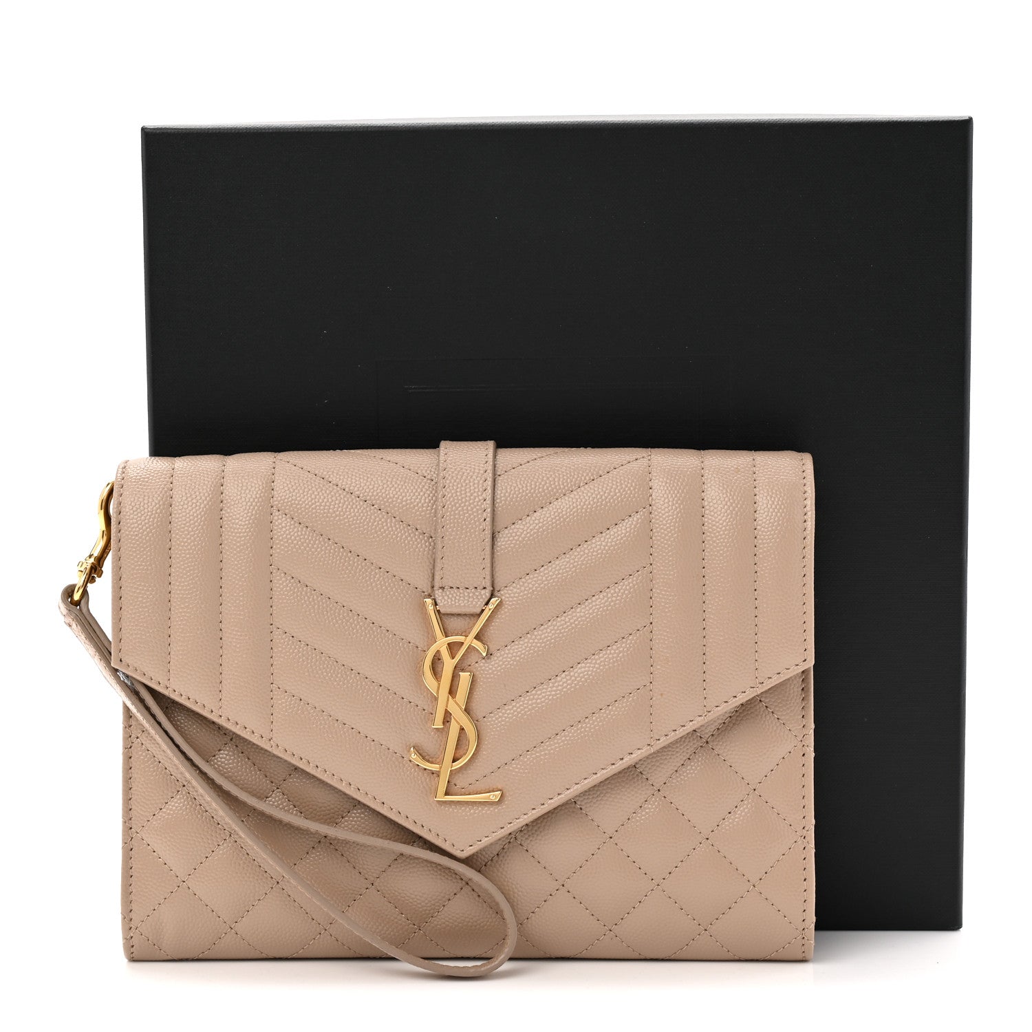 Saint Laurent Grain De Poudre Textured Mixed Matelasse Triquilt Monogram Clutch Dark Beige 8 of 8