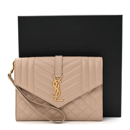 Saint Laurent Grain De Poudre Textured Mixed Matelasse Triquilt Monogram Clutch Dark Beige 8 of 8