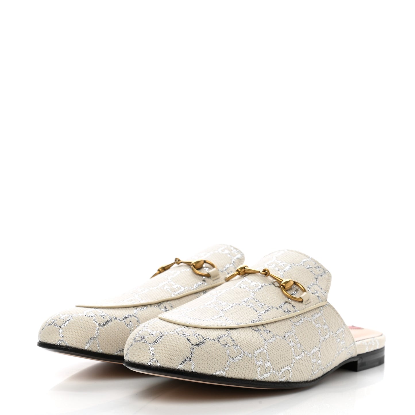 Canvas Lame GG Monogram Womens Princetown Slippers 40 Gardenia Silver