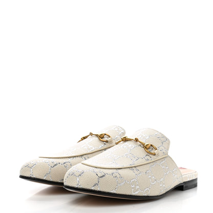 Gucci Canvas Lame GG Monogram Womens Princetown Slippers 40 Gardenia Silver 3 of 9