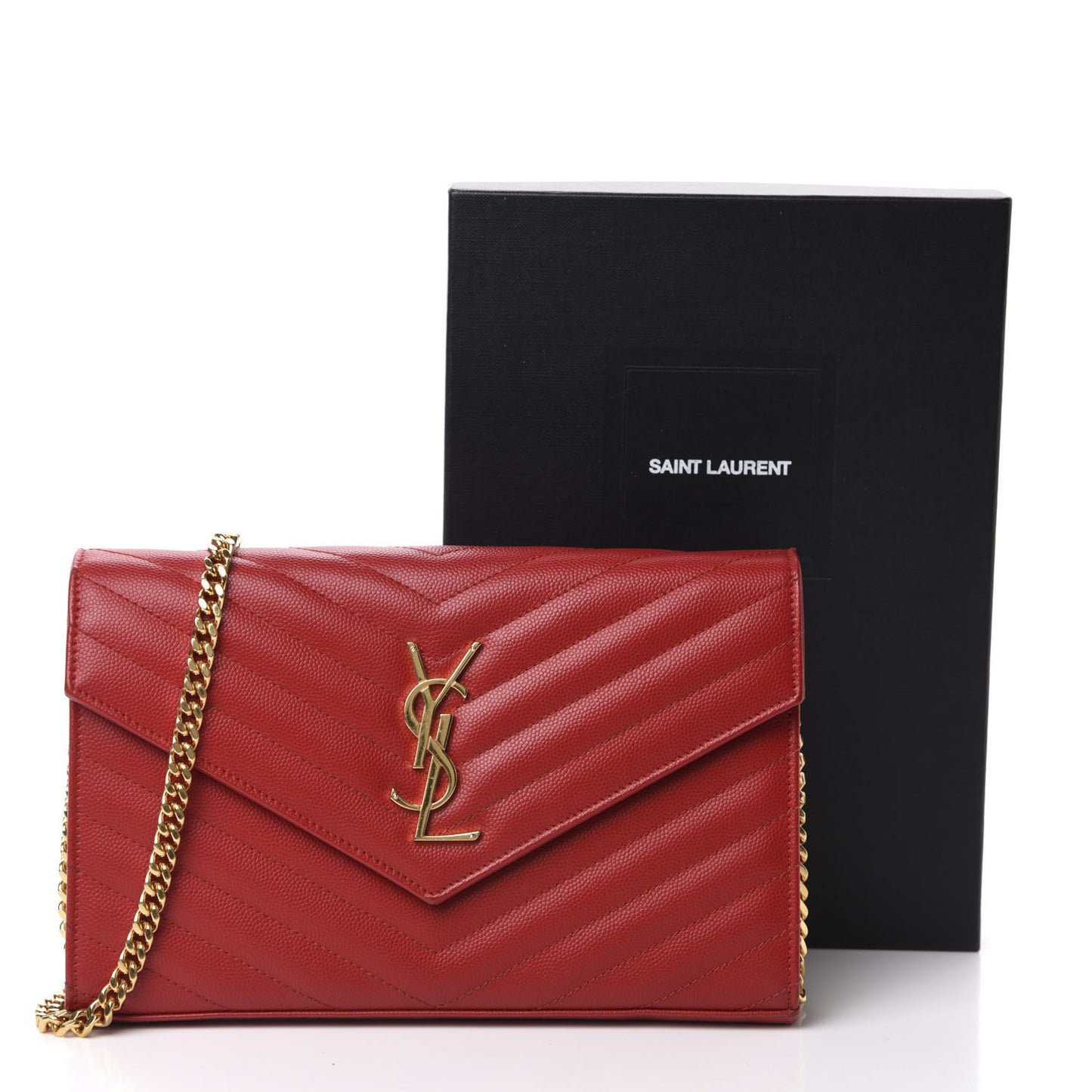Grain De Poudre Matelasse Chevron Monogram Chain Wallet Red