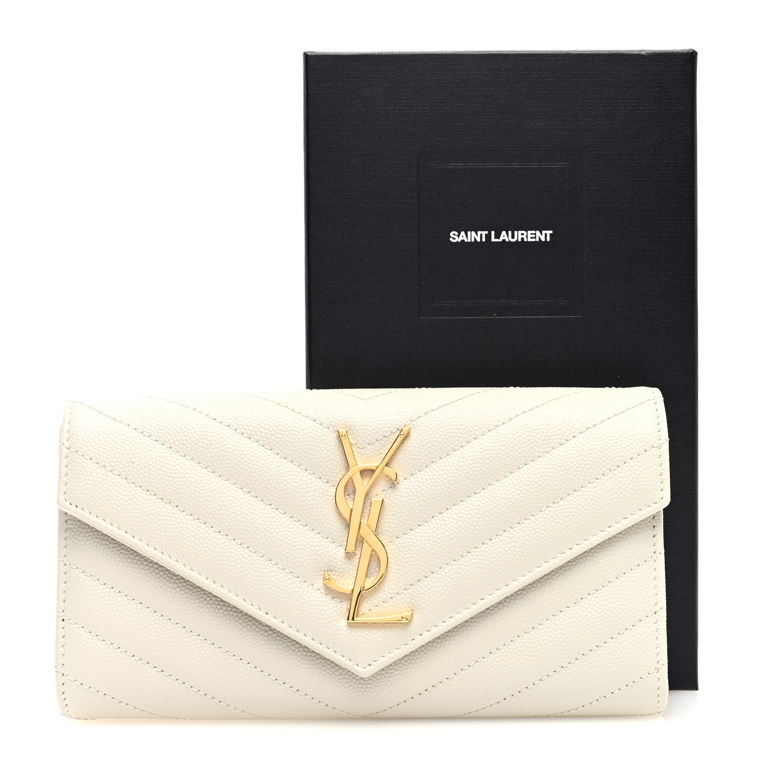 Saint Laurent Grain De Poudre Matelasse Chevron Monogram Flap Wallet Crema Soft 7 of 7