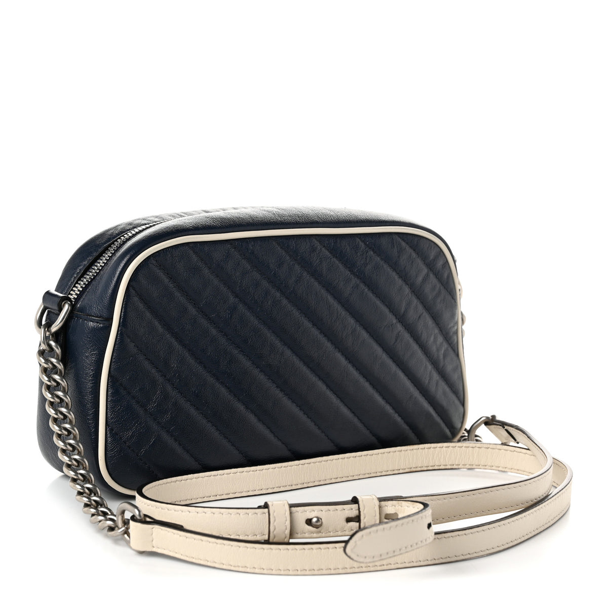 Vintage Effect Calfskin Matelasse Diagonal Small Torchon GG Marmont Chain Shoulder Bag Blue Agata Mystic White