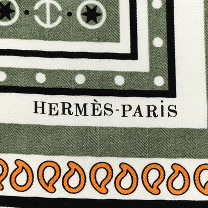 Hermes Cashmere Silk Tatouages Marins Bandana Shawl 140 Kaki Clair Bleu Glacier Black 2 of 5