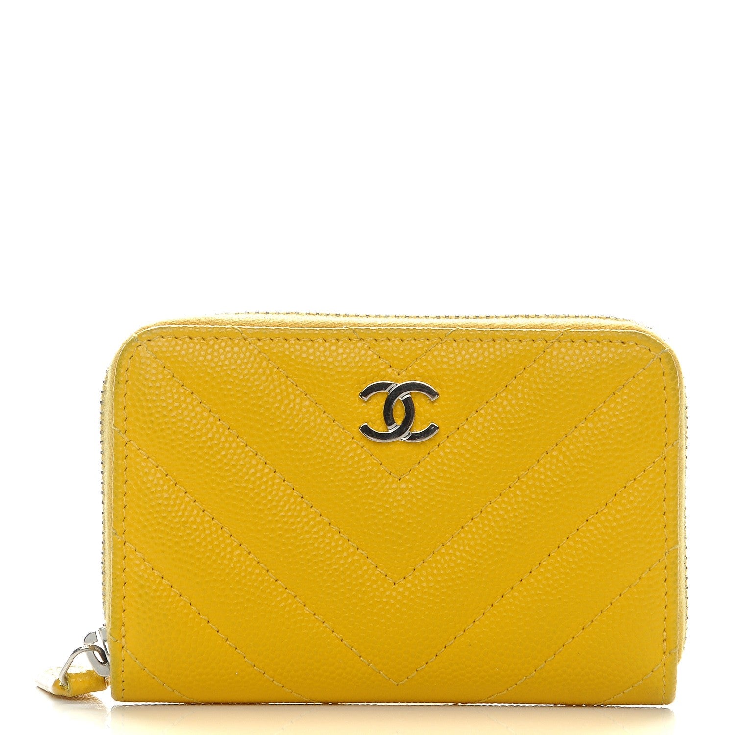 Chanel Caviar Chevron Quilted Zip Coin Purse Yellow 1 of 8