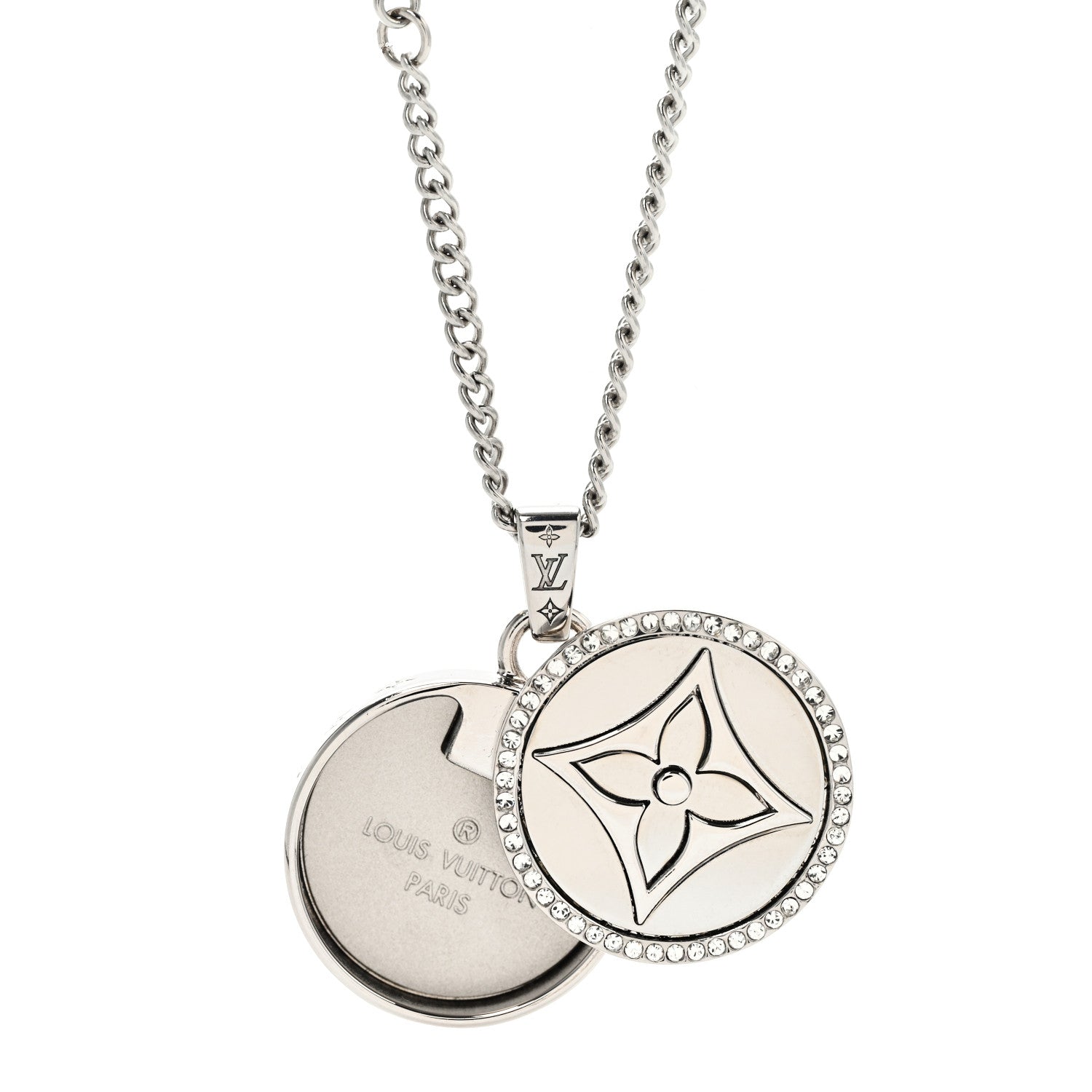 Louis Vuitton Metal Crystal Twisted Flower Pendant Necklace Silver 6 of 7