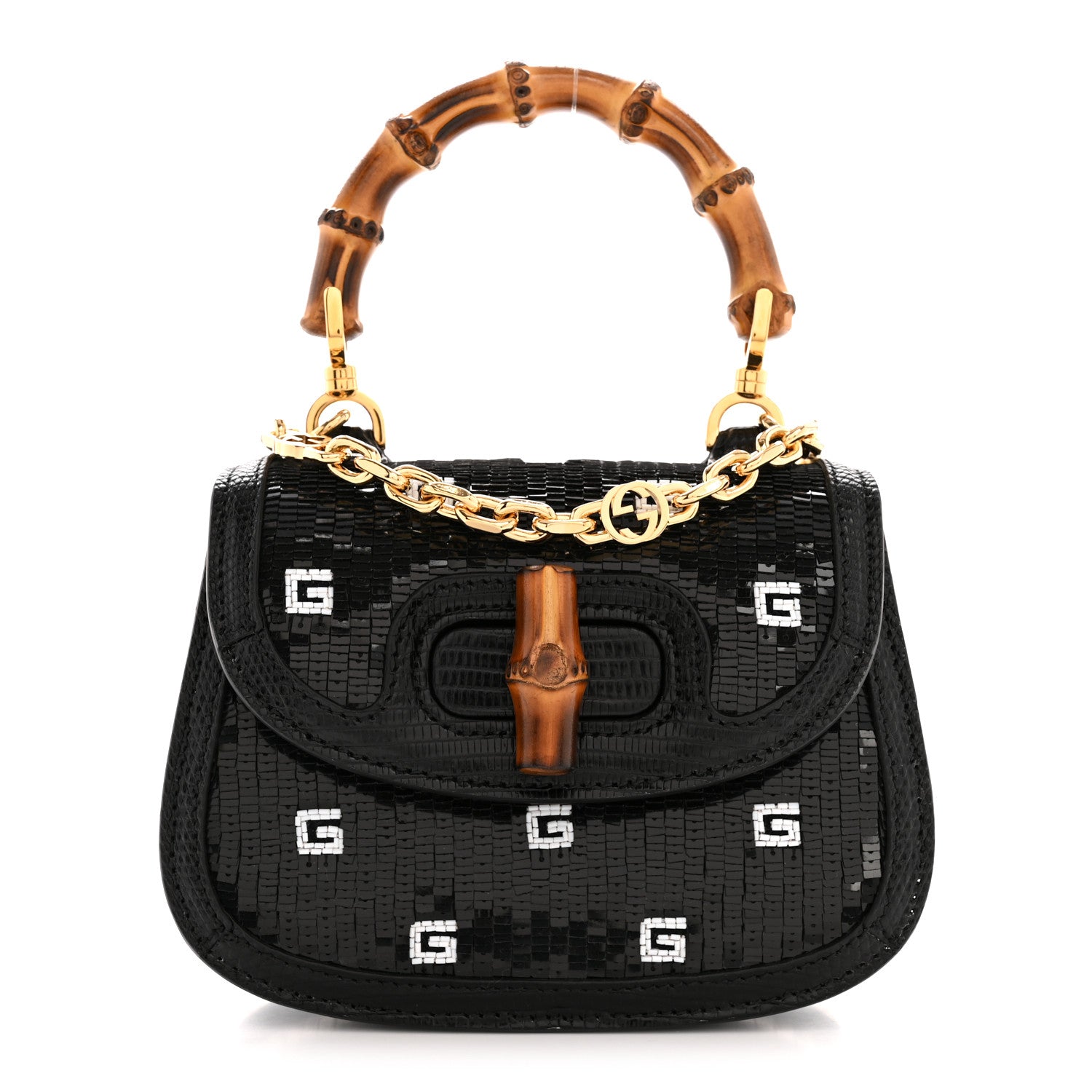 Gucci Sequin Lizard Embossed GG Mini Bamboo 1947 Top Handle Chain Bag Black White 1 of 10