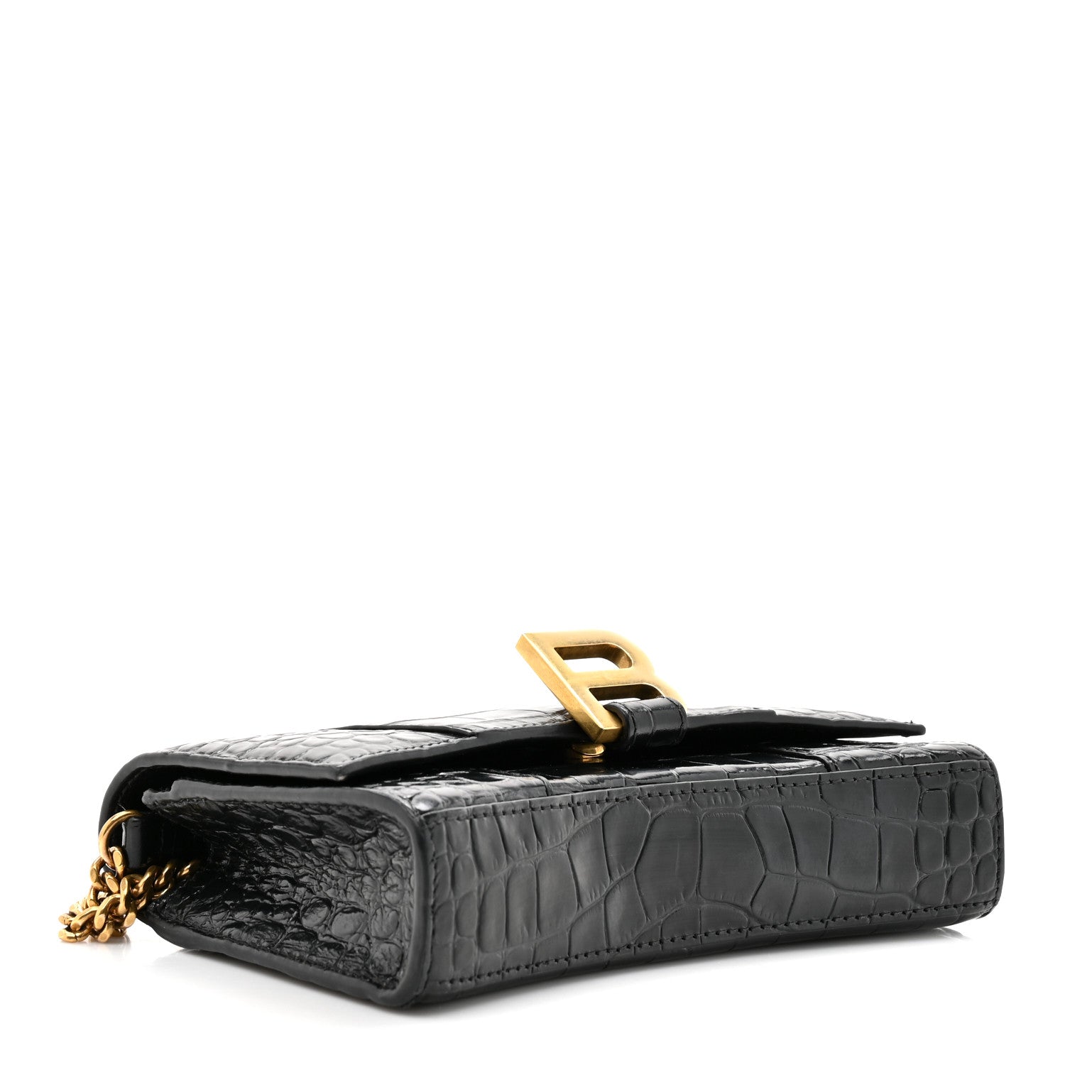 Balenciaga Shiny Calfskin Crocodile Embossed Hourglass Chain Bag Black 4 of 10
