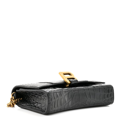 Balenciaga Shiny Calfskin Crocodile Embossed Hourglass Chain Bag Black 4 of 10