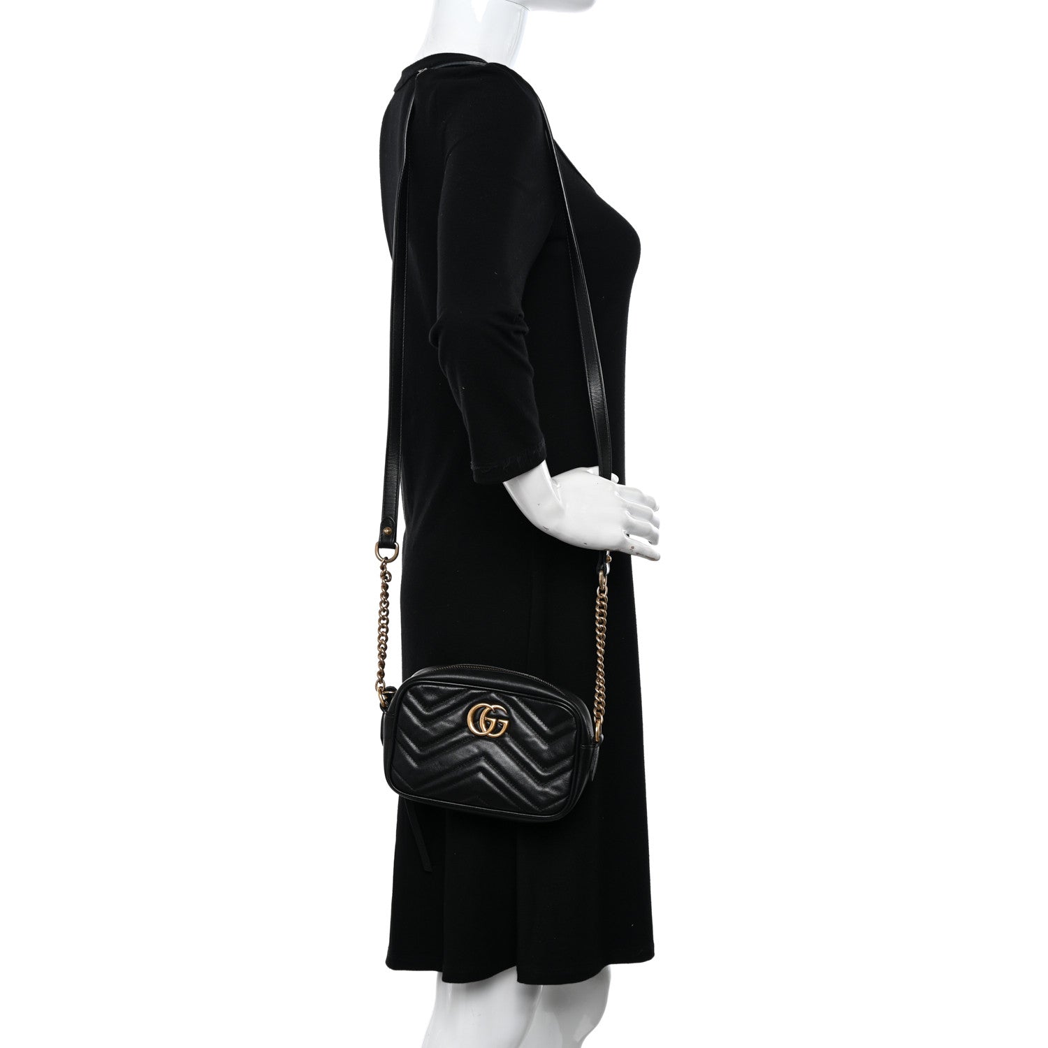 Gucci Calfskin Matelasse Mini GG Marmont Chain Shoulder Bag Black 2 of 12