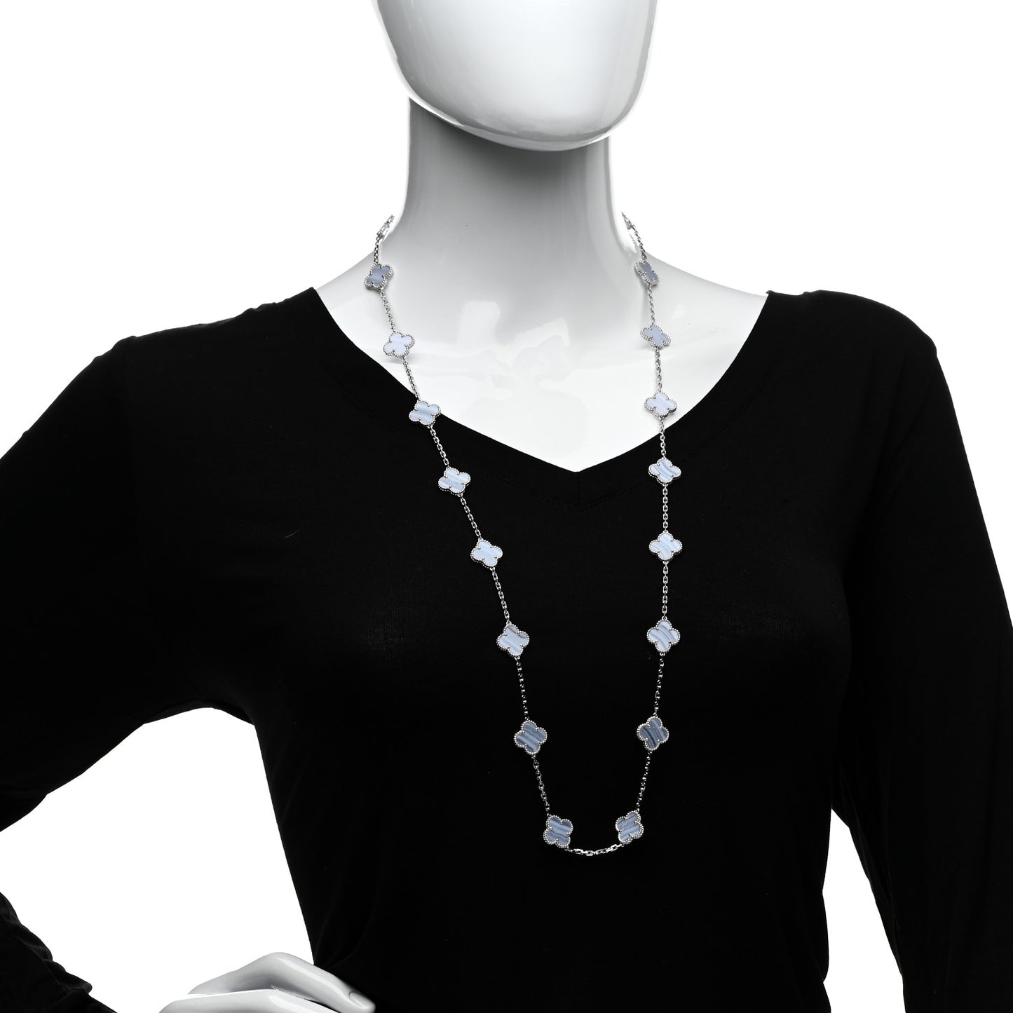 18K White Gold Chalcedony 20 Motifs Vintage Alhambra Necklace