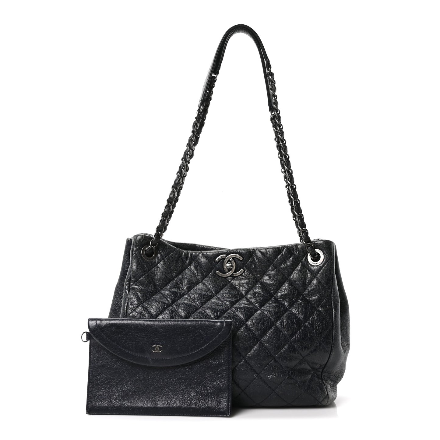 Glazed Calfskin Quilted Tote Navy