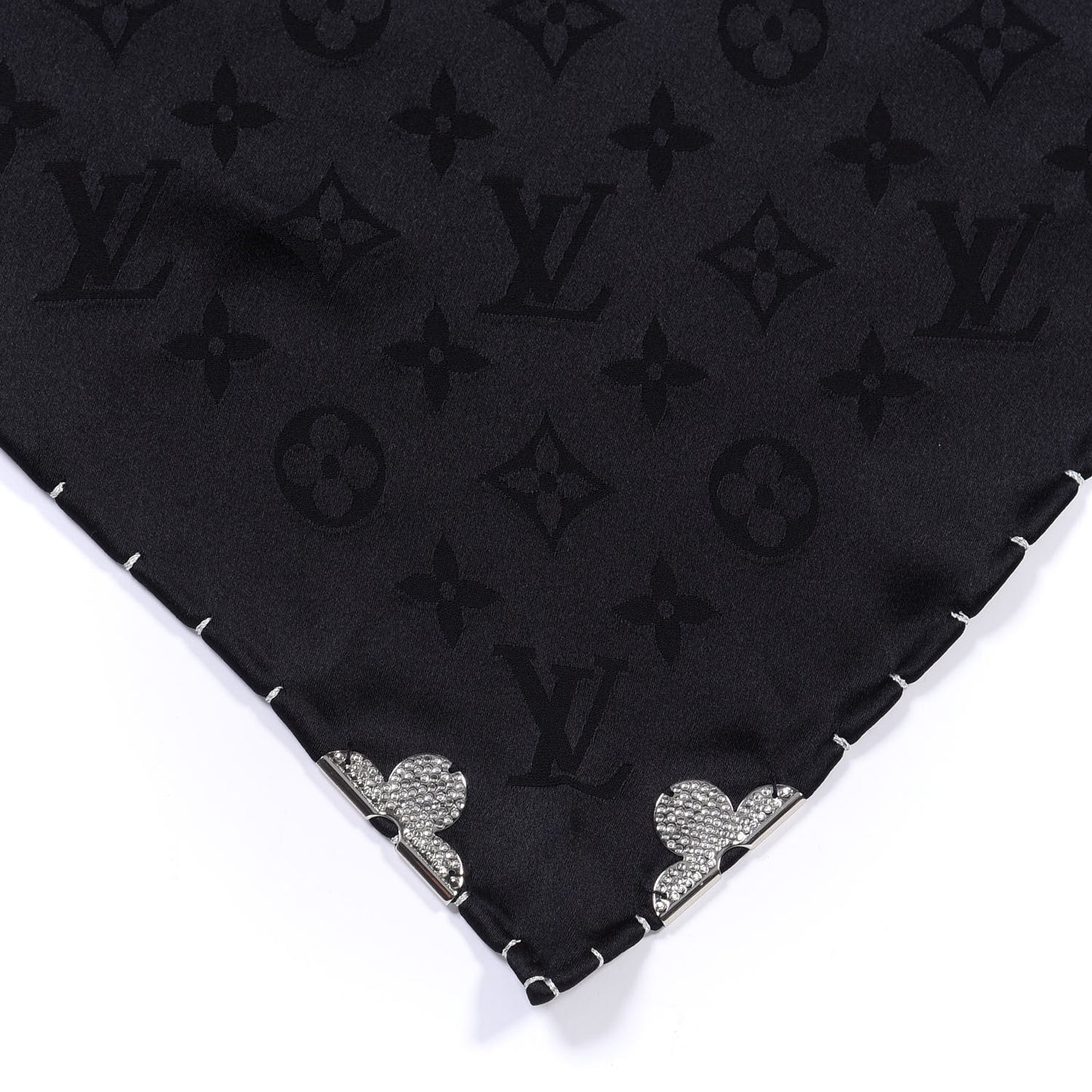 Silk Strass Monogram Flower Crown Triangle Scarf Black