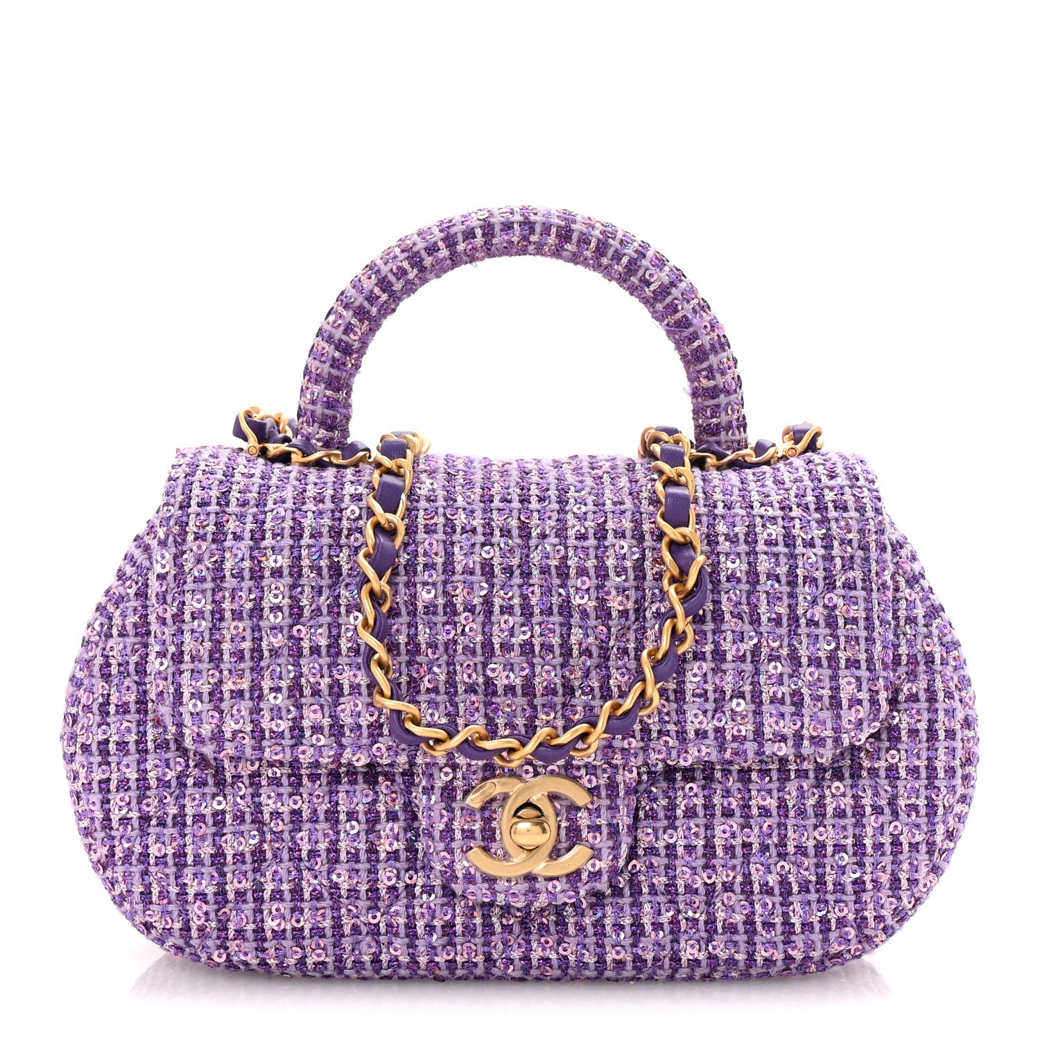 Chanel Tweed Sequin Quilted Baywatch Top Handle Flap Purple Silver Light Purple 1 of 10