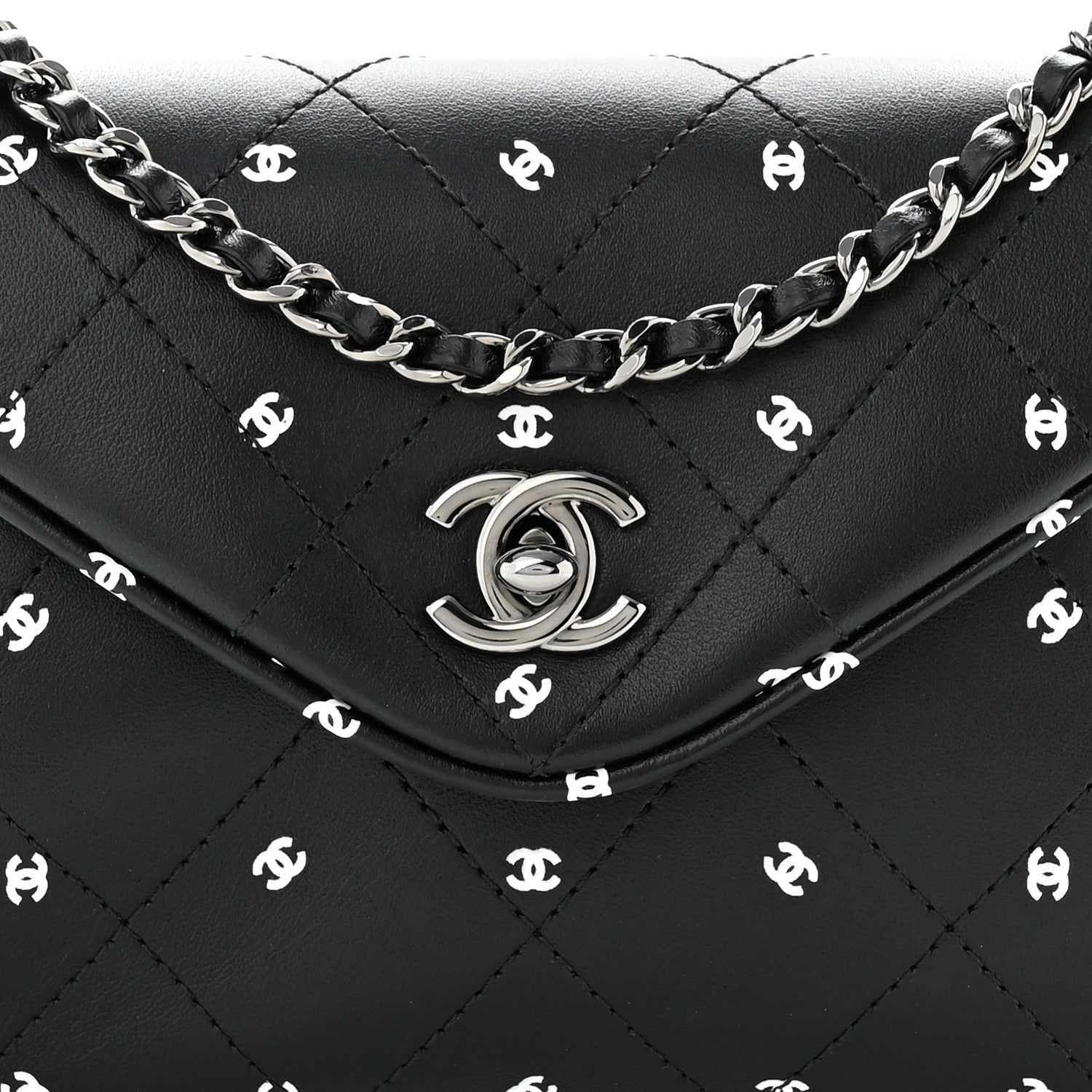 Chanel Printed Lambskin Logo CC Envelope Clutch With Chain Black White 8 of 10