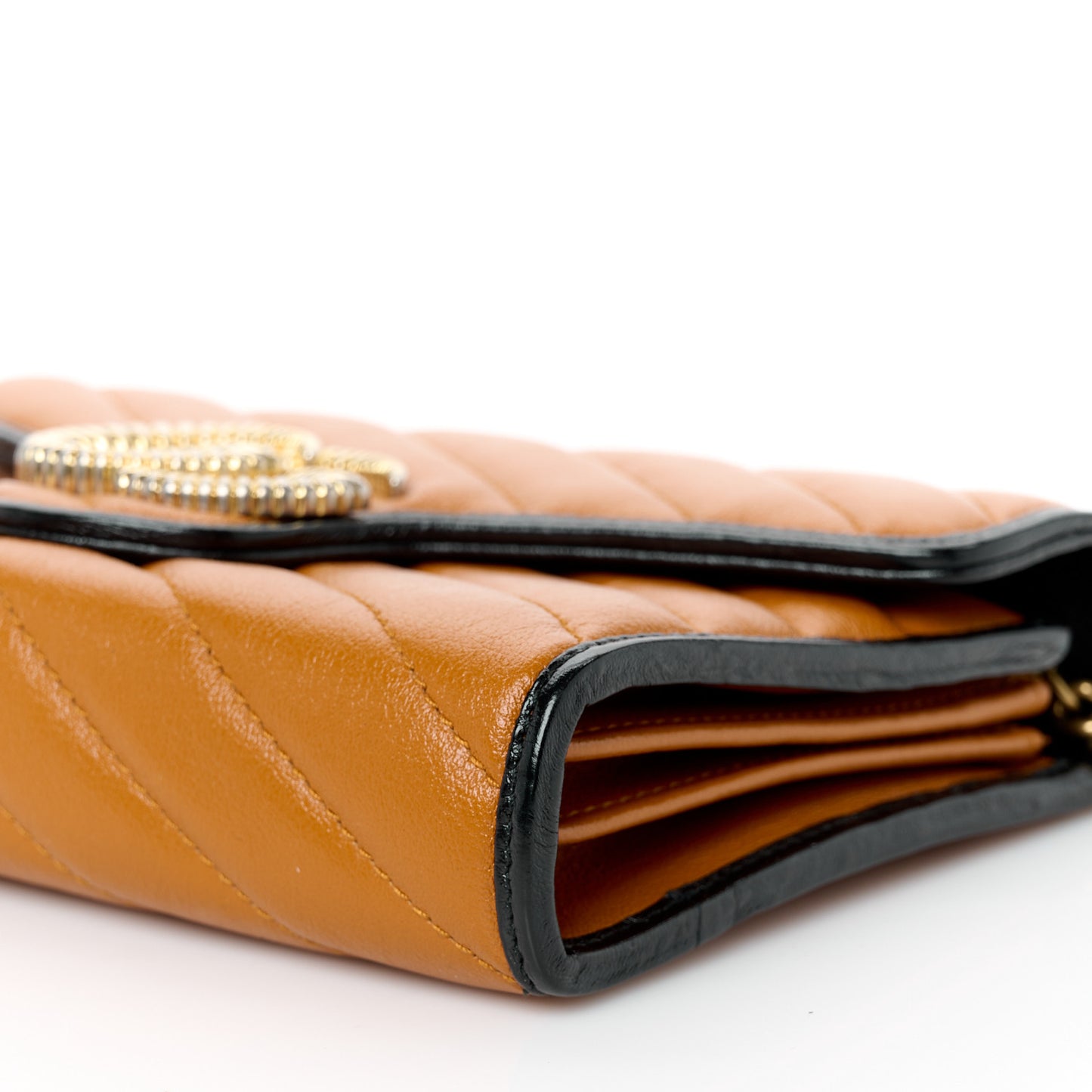 Vintage Effect Calfskin Matelasse Diagonal Torchon GG Marmont Chain Wallet Cognac