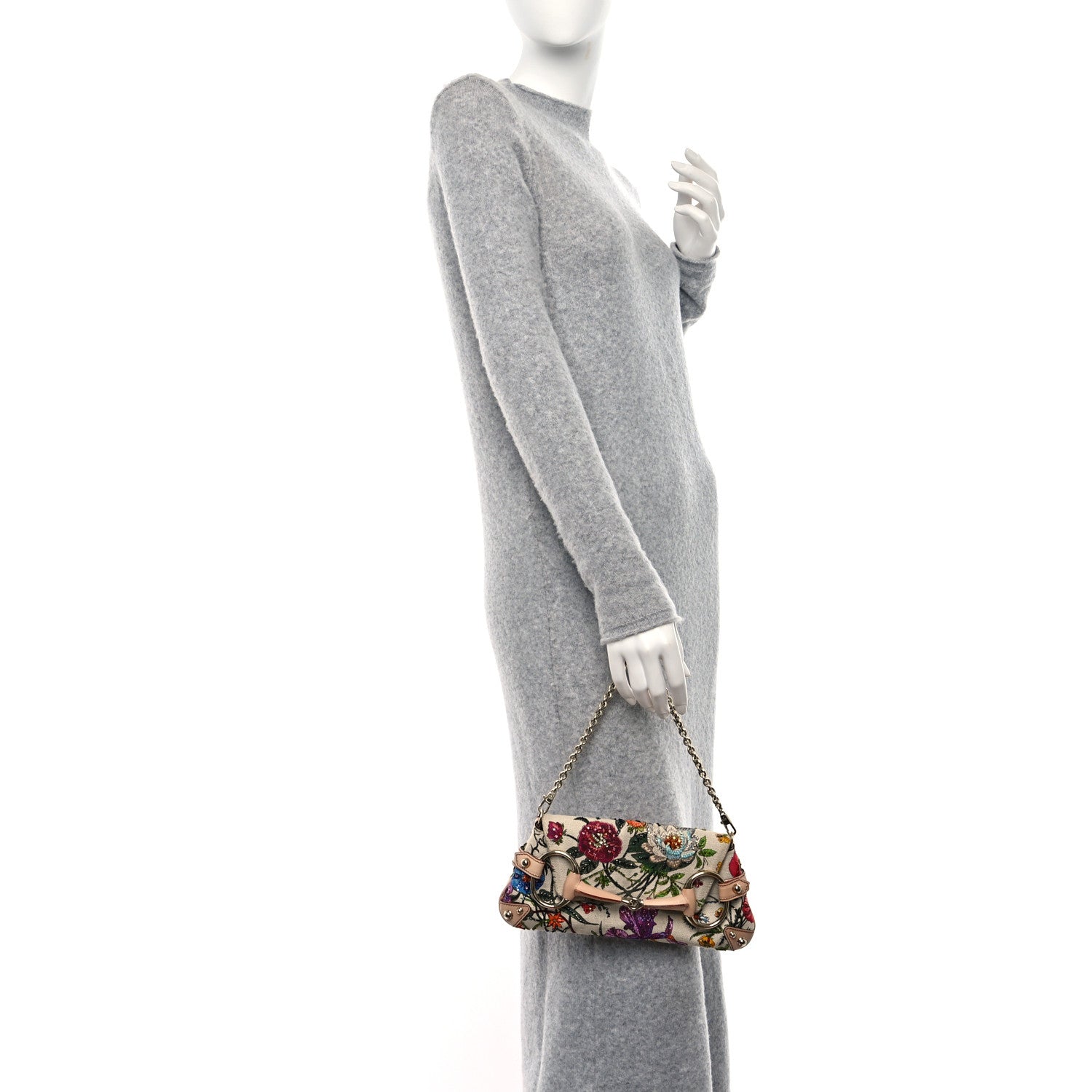 Gucci Canvas Flora Floral Beaded Small Horsebit Chain Clutch White Multicolor 2 of 16