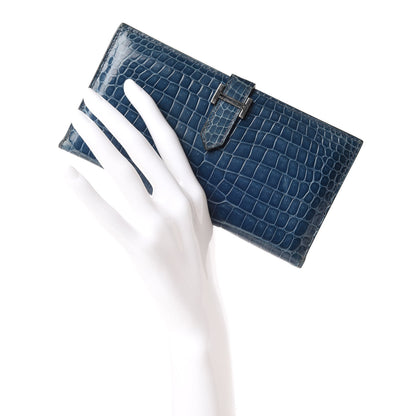 Hermes Shiny Porosus Crocodile Bearn Wallet Blue Jean 2 of 9