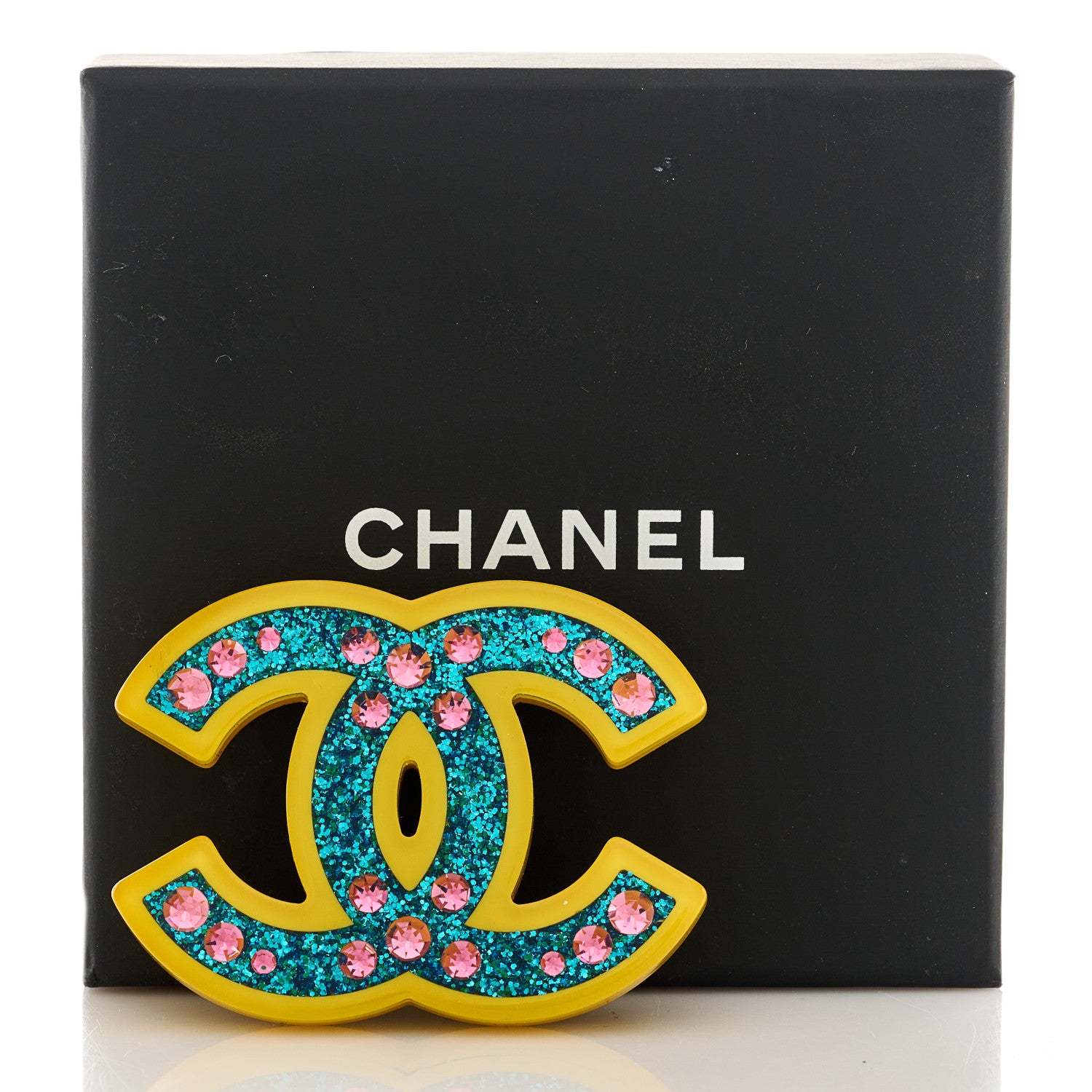 Chanel Resin Glitter Crystal CC Brooch Yellow Blue 5 of 5