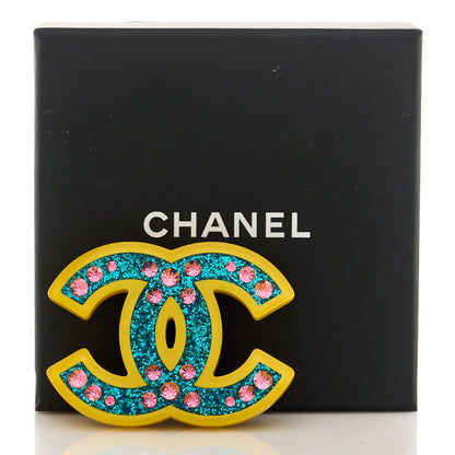 Chanel Resin Glitter Crystal CC Brooch Yellow Blue 5 of 5