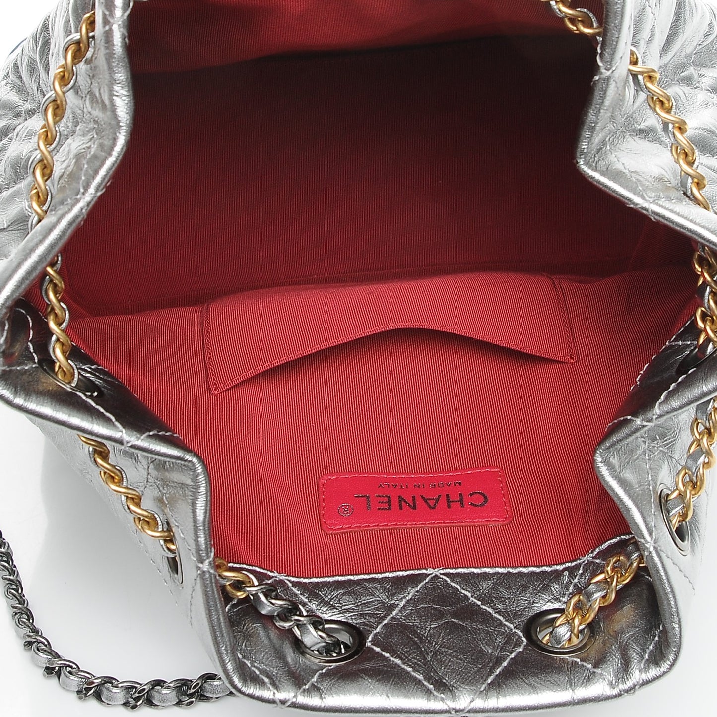 Metallic Crumpled Calfskin Quilted Gabrielle Backpack Silver