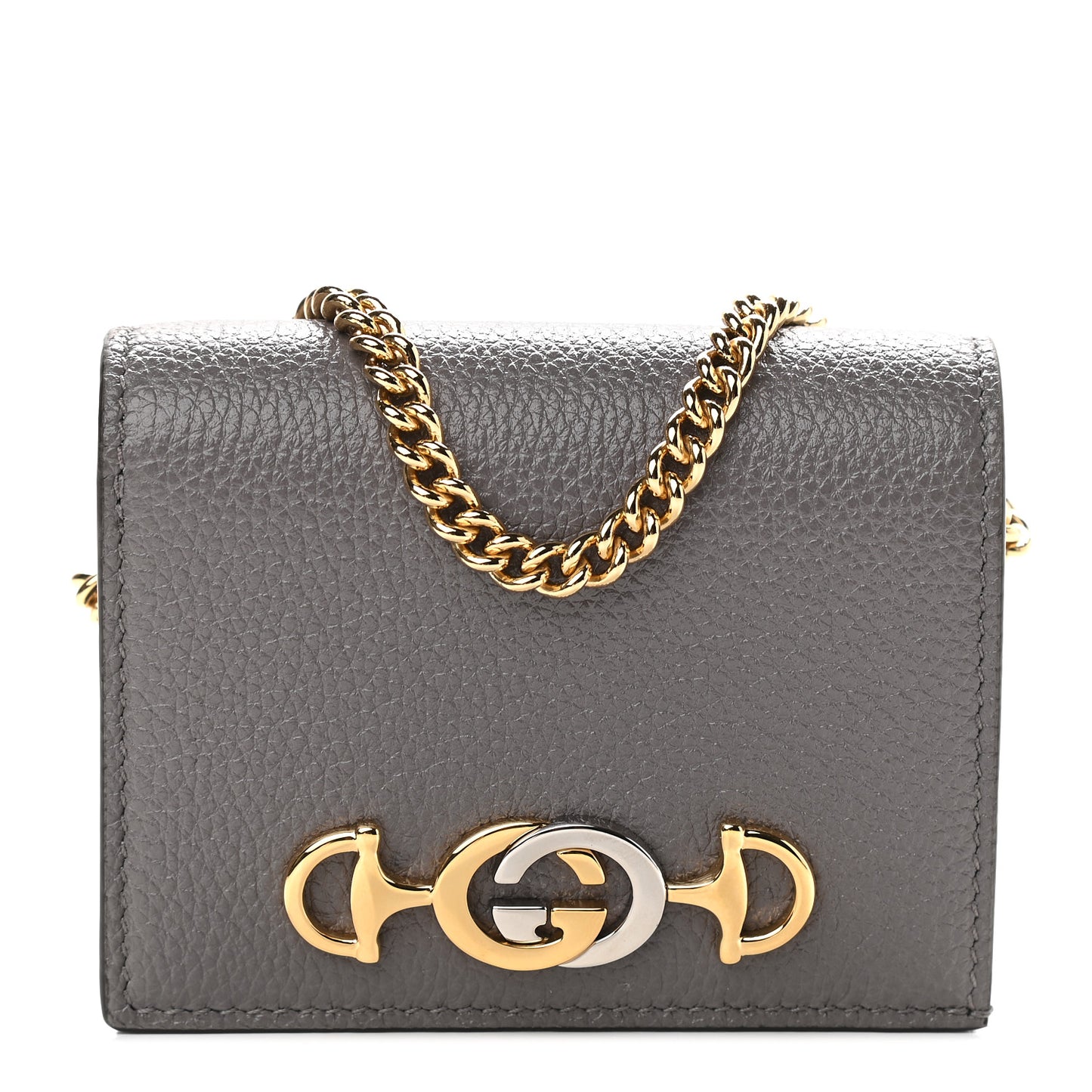 Grainy Calfskin Zumi Chain Card Case Wallet Dusty Grey