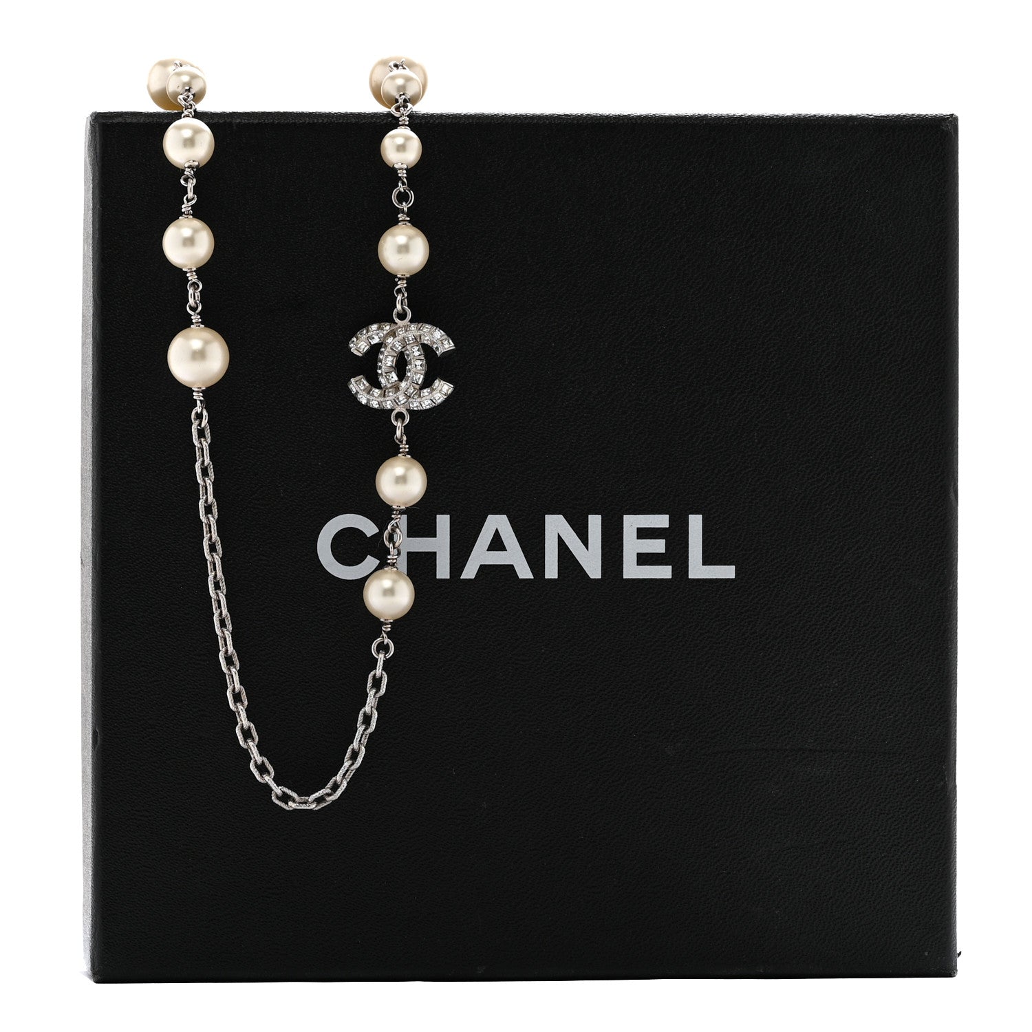 Chanel Pearl Baguette Crystal CC Long Necklace Silver 7 of 7