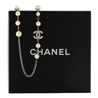 Chanel Pearl Baguette Crystal CC Long Necklace Silver 7 of 7