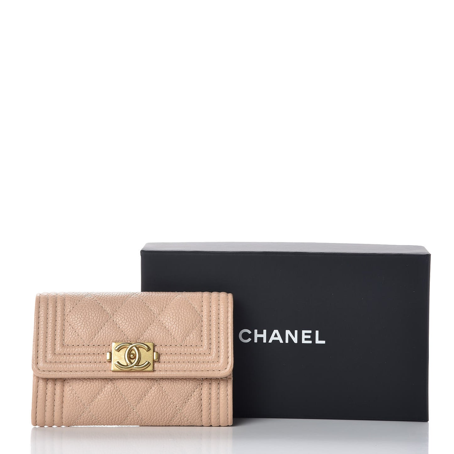 Caviar Quilted Boy Card Holder Wallet Light Beige