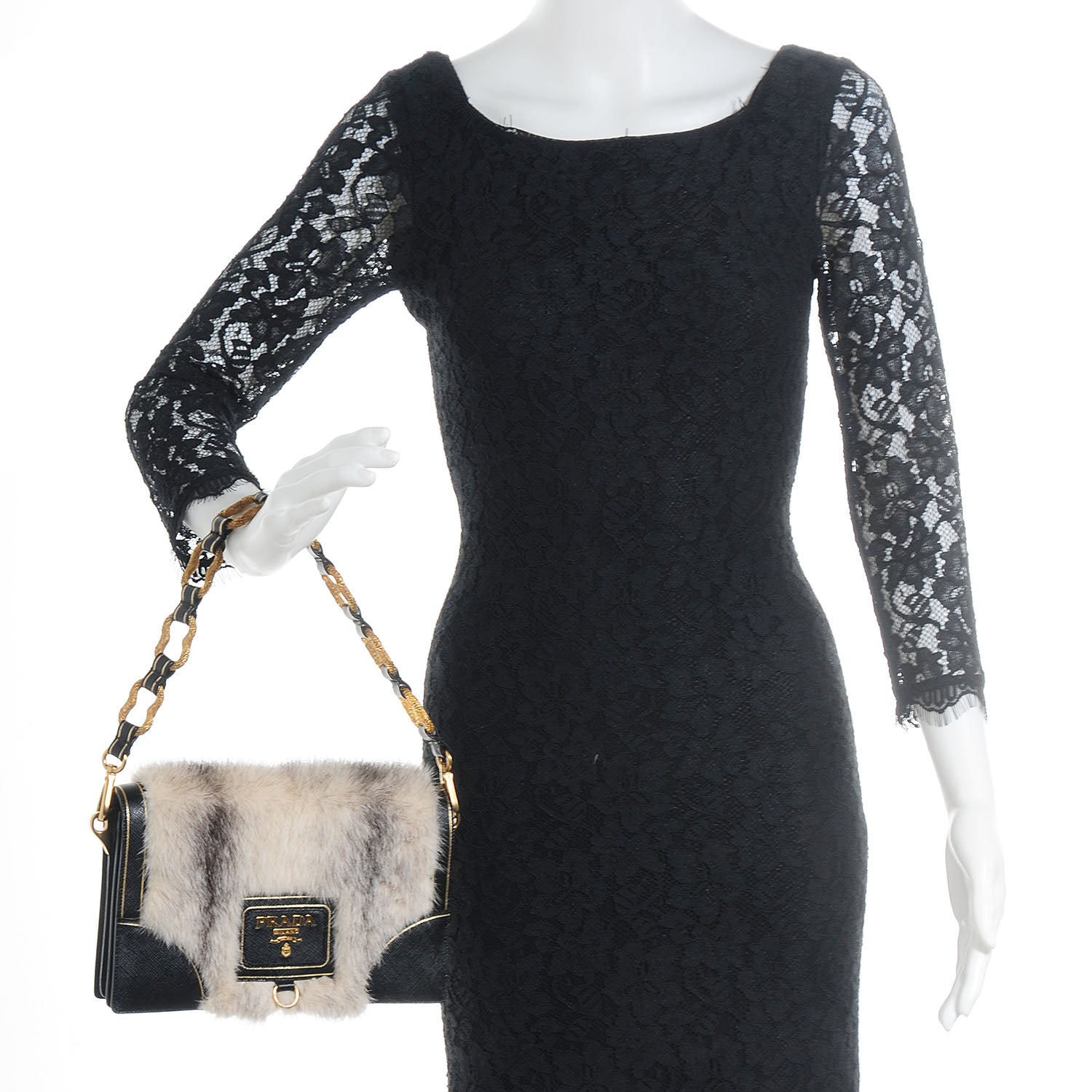 Prada Saffiano Mink Fur Accordion Flap Bag Black 2 of 9