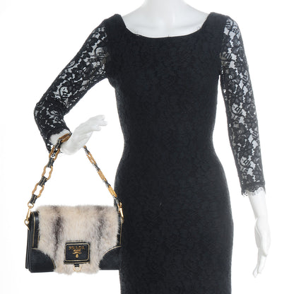 Prada Saffiano Mink Fur Accordion Flap Bag Black 2 of 9