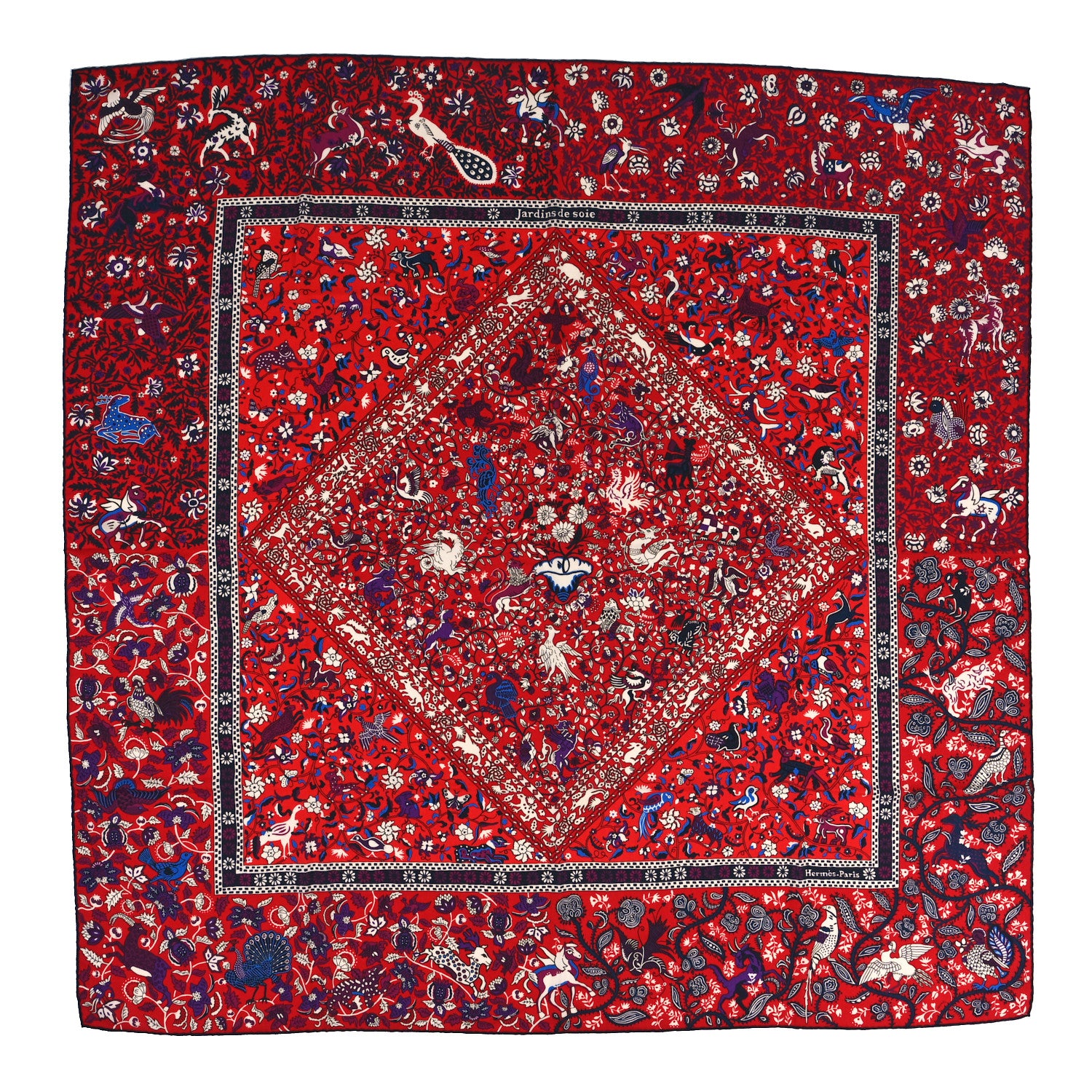 Hermes Cashmere Silk Jardins De Soie Shawl 140 Rouge Blue Violet 1 of 6