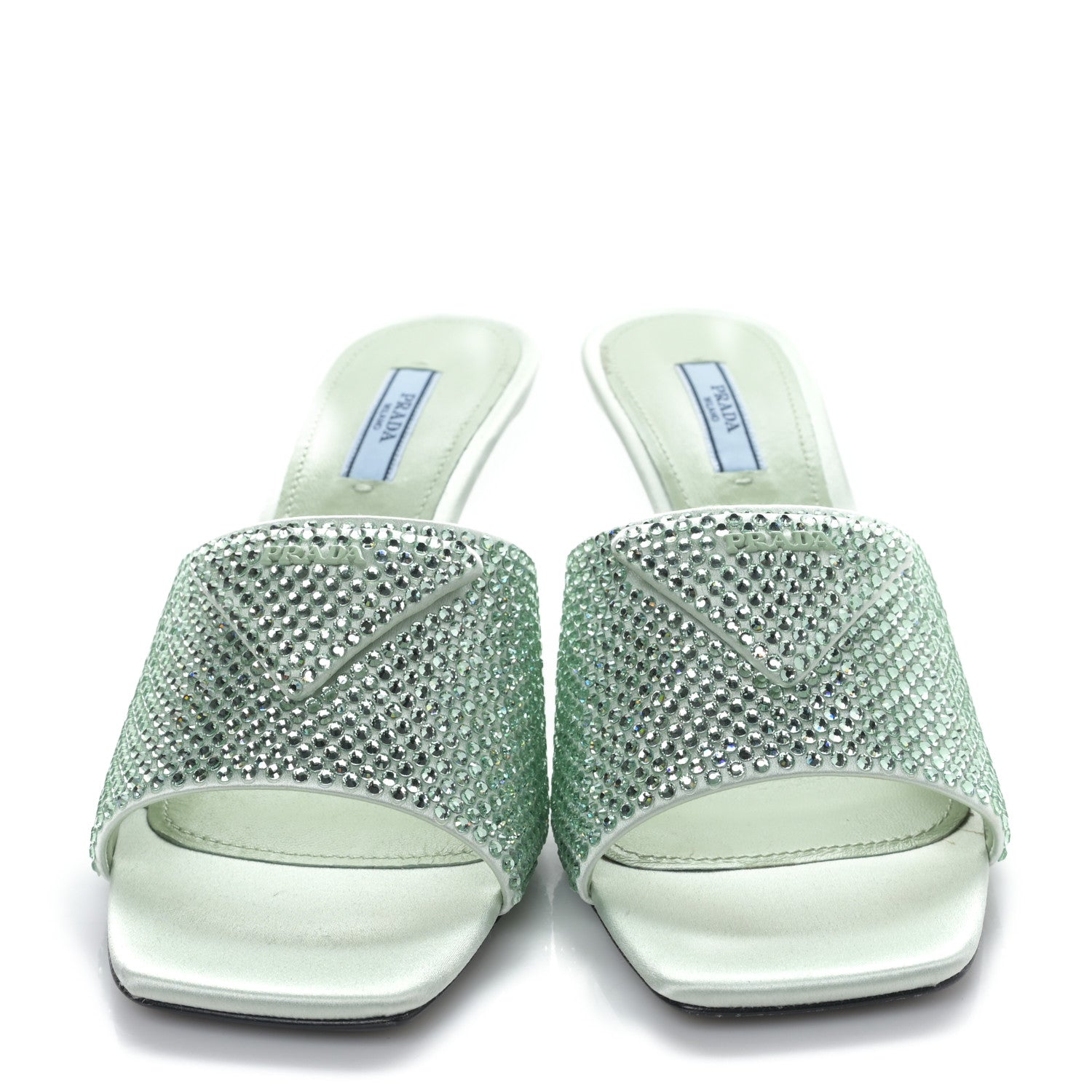 Prada Satin Crystal Logo 65mm Slide Sandals 39 Acqua 2 of 8