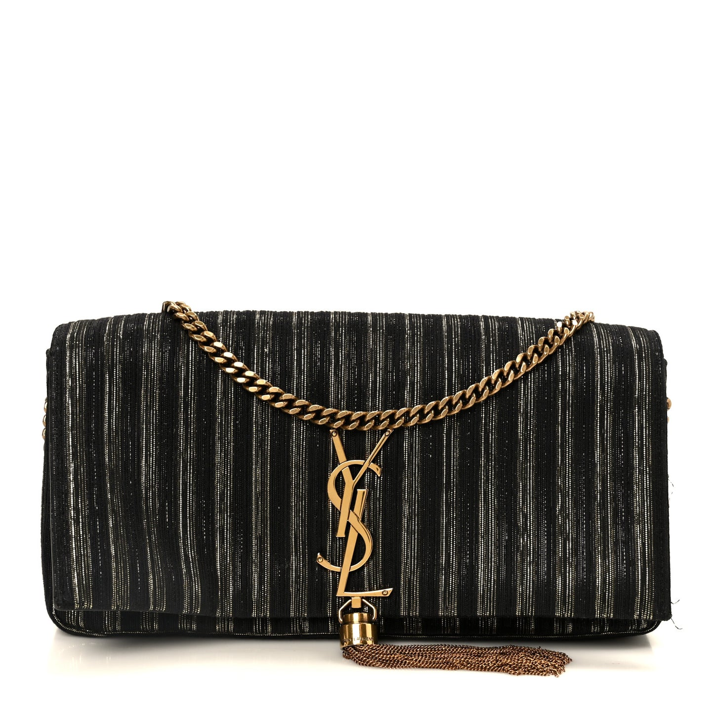 Striped Fabric Monogram Tassel Kate 99 Baguette Bag Black Gold