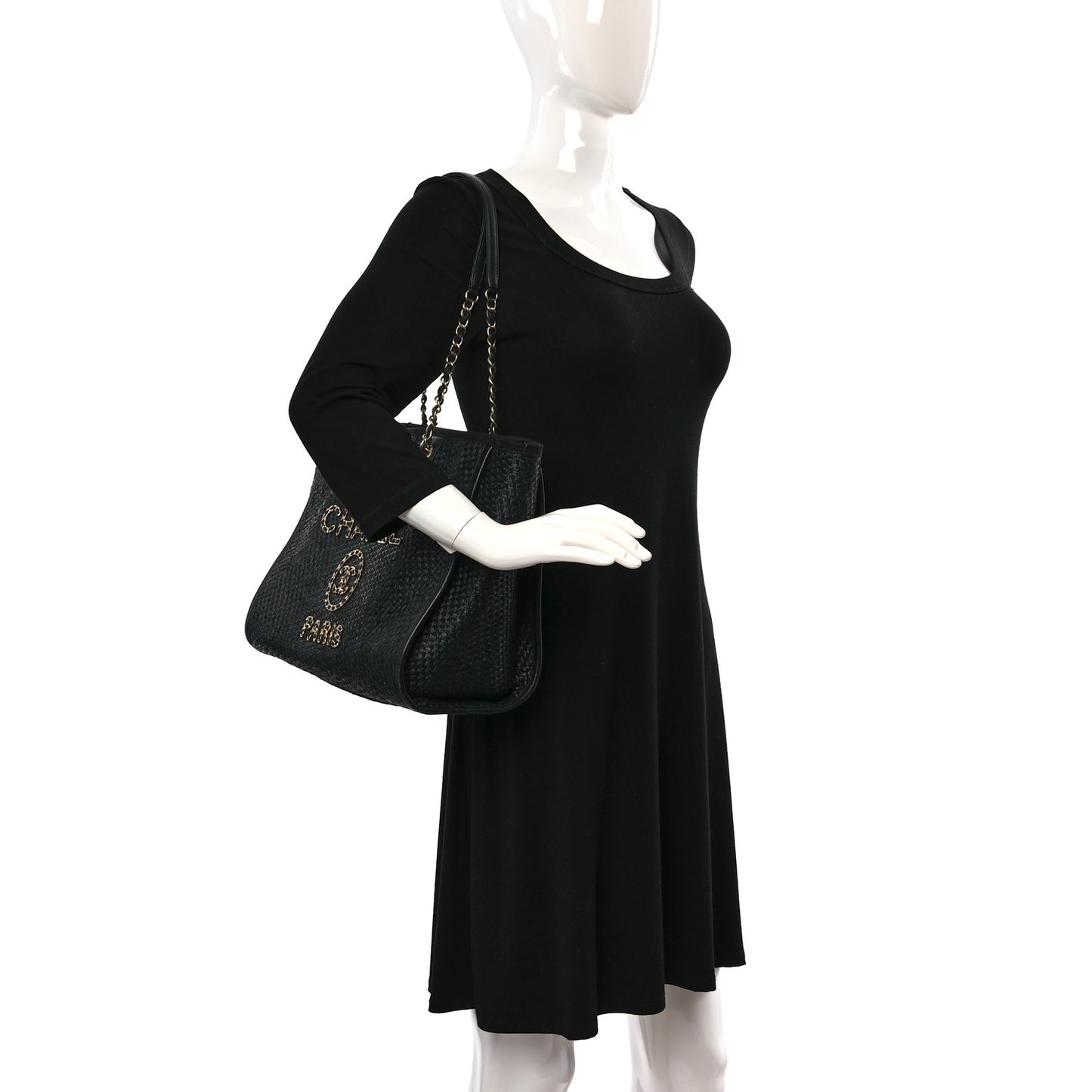 Straw Raffia Calfskin Chain Small Deauville Tote Black