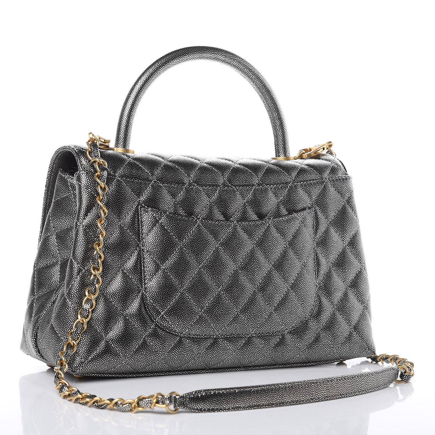 Metallic Caviar Quilted Small Coco Handle Flap Silver