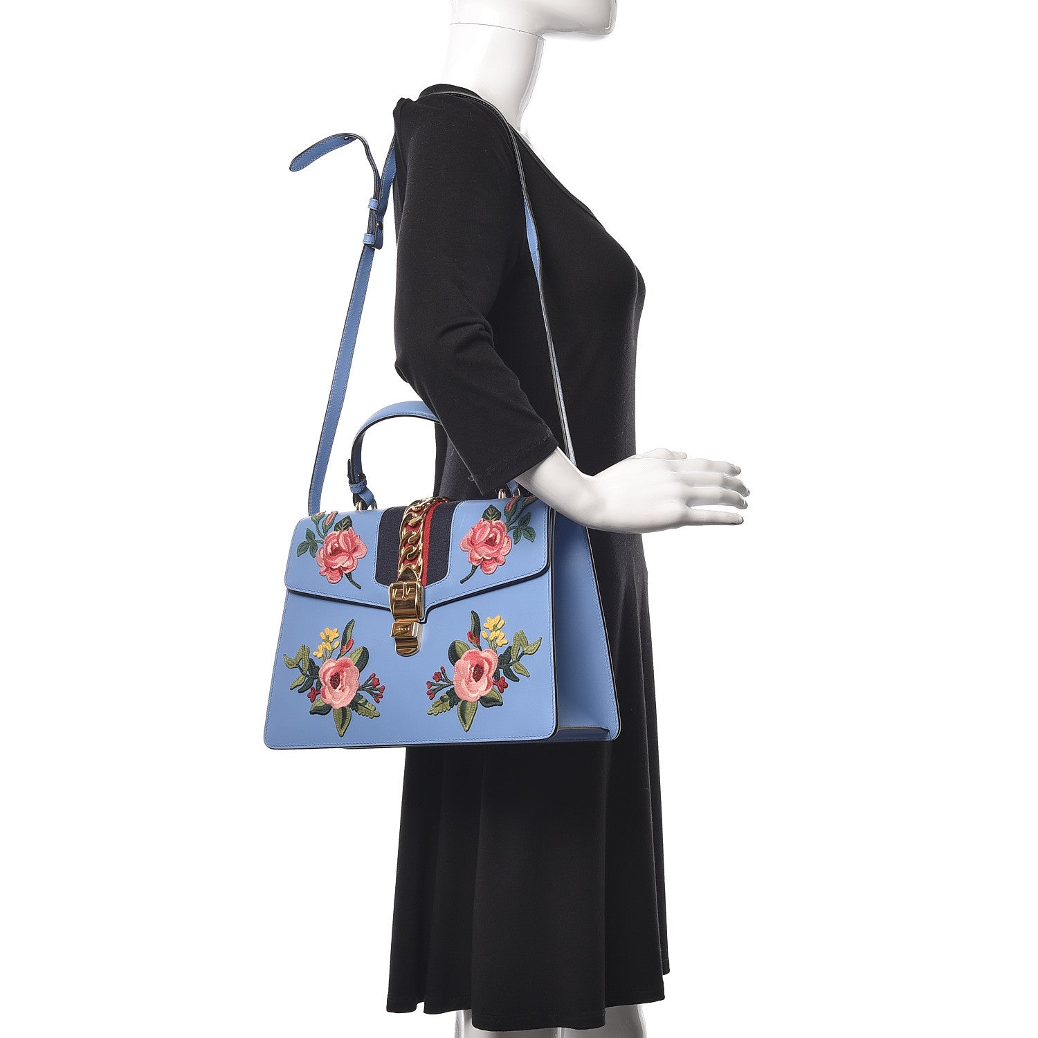 Gucci Calfskin Embroidered Medium Sylvie Top Handle Bag Clear Sky Blue 2 of 12